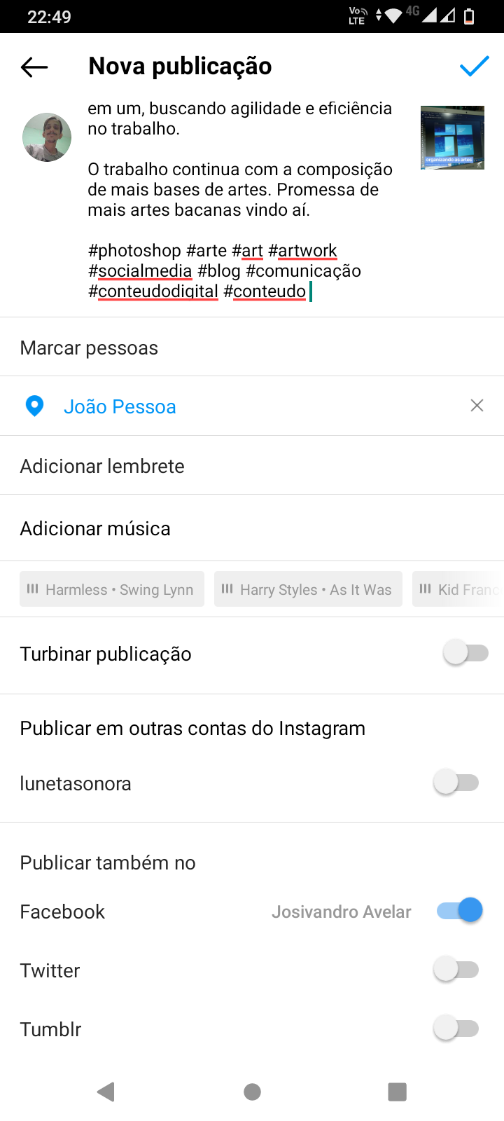 Os novos recursos que apareceram no (meu) Instagram 5 Eu poderia publicar em duas contas do Instagram ou mais conectadas no meu dispositivo, como mostra esse print de um dos novos recursos que apareceram no meu Instagram.