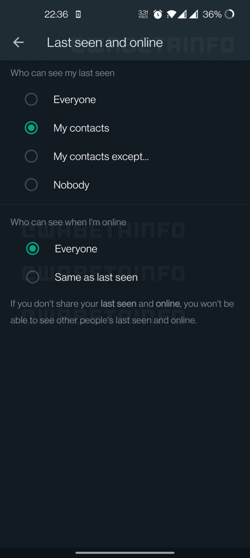Betas do WhatsApp: possibilidade de selecionar quem pode te ver online 1 Print dos testes da função de ocultar status online para determinados contatos no WhatsApp.