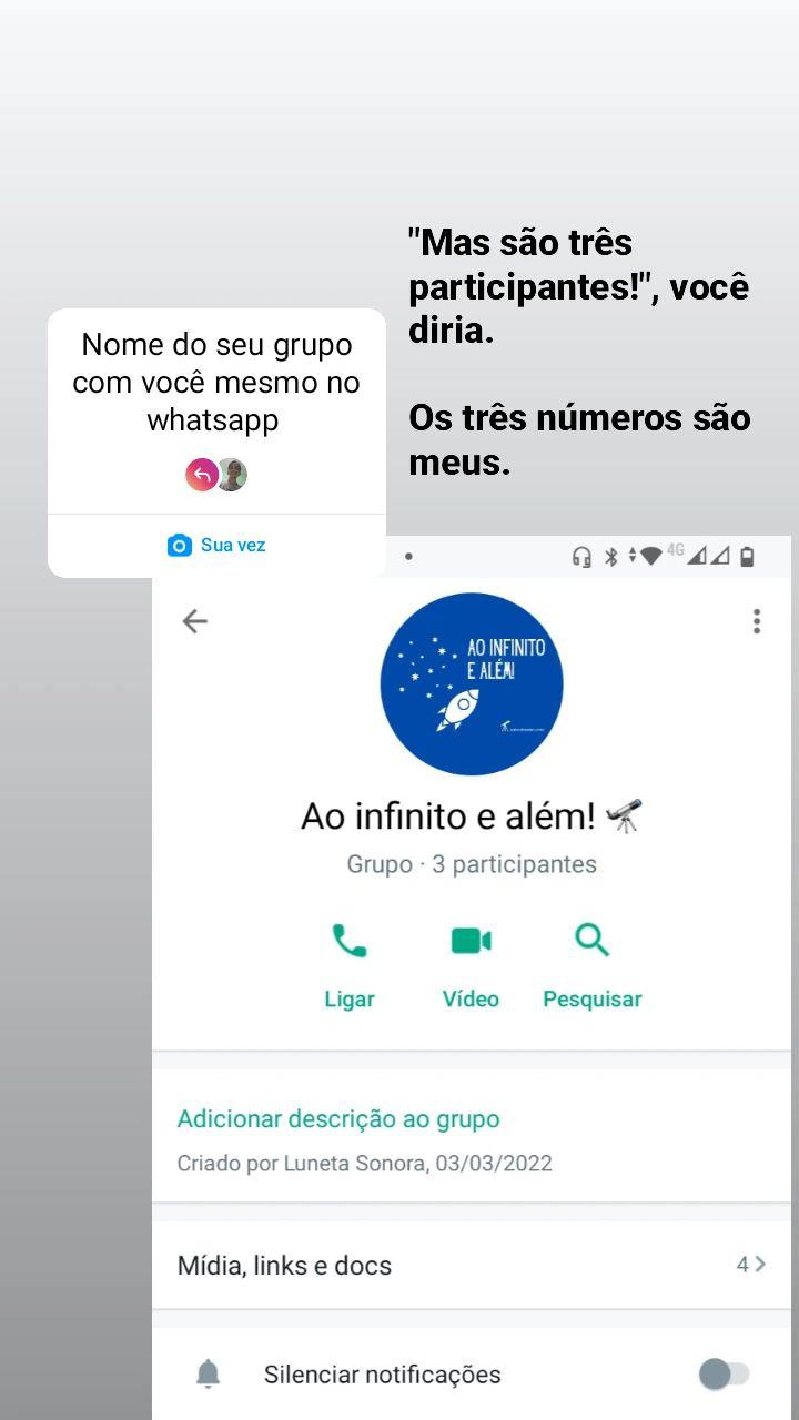 Um grupo só seu no WhatsApp (mas eu inovei) 1 Eu participei da corrente ao meu estilo. O grupo só meu tem 3 participantes, todos números meus.