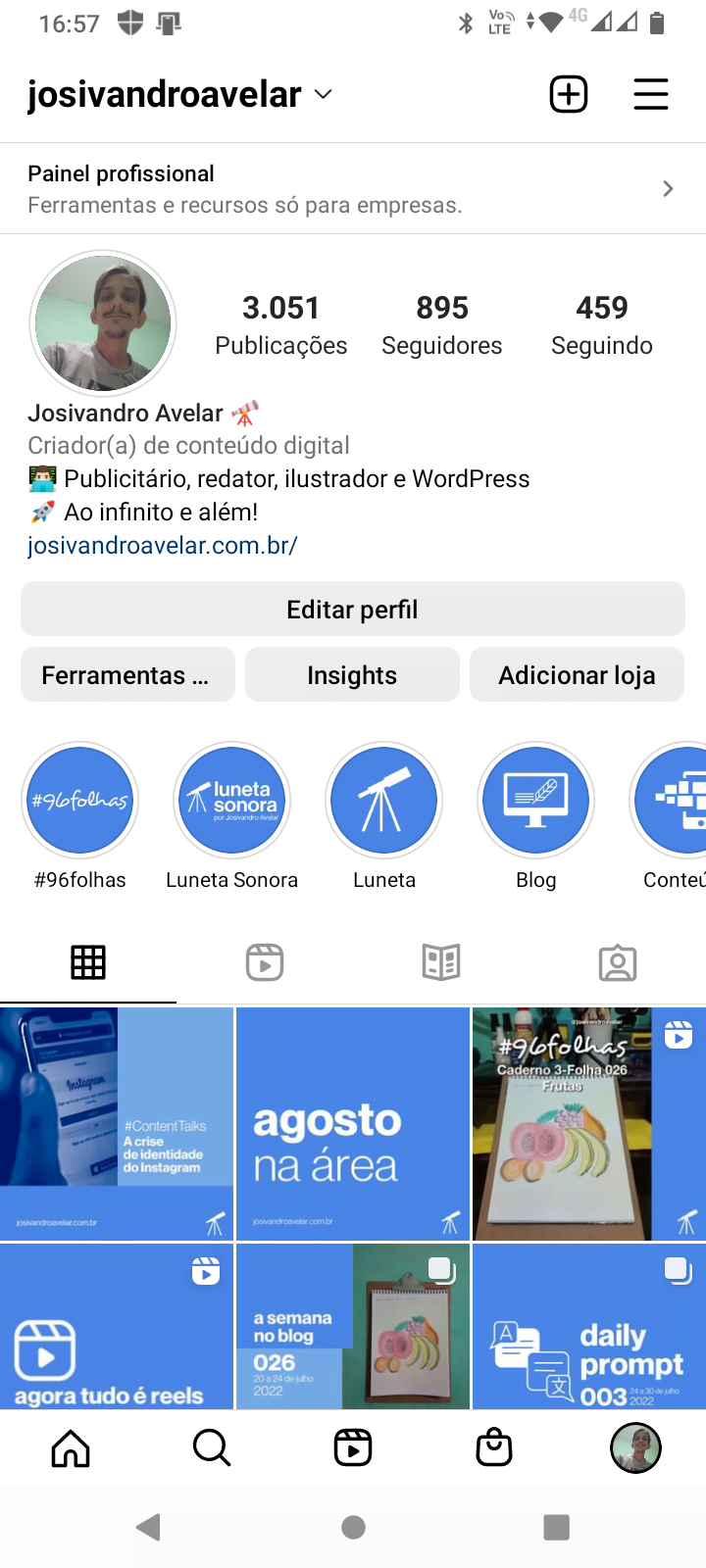 Todo vídeo do Instagram agora é Reels 1 Print do perfil de Josivandro Avelar. Só o formato Reels aparece como formato de vídeos.