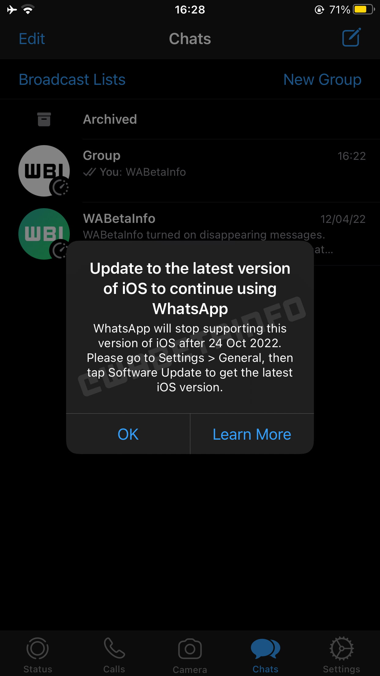 WhatsApp vai deixar de suportar iOS 10 e 11 1 Mensagem de atualização de sistema operacional para continuidade de uso do WhatsApp. Print: WABetaInfo