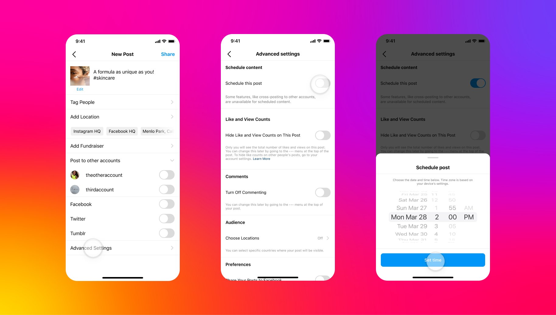 Instagram começa a disponibilizar agendamento de posts no app 1 Capturas de tela do Instagram para mostrar como funciona a ferramenta de agendamento de posts direto do app.