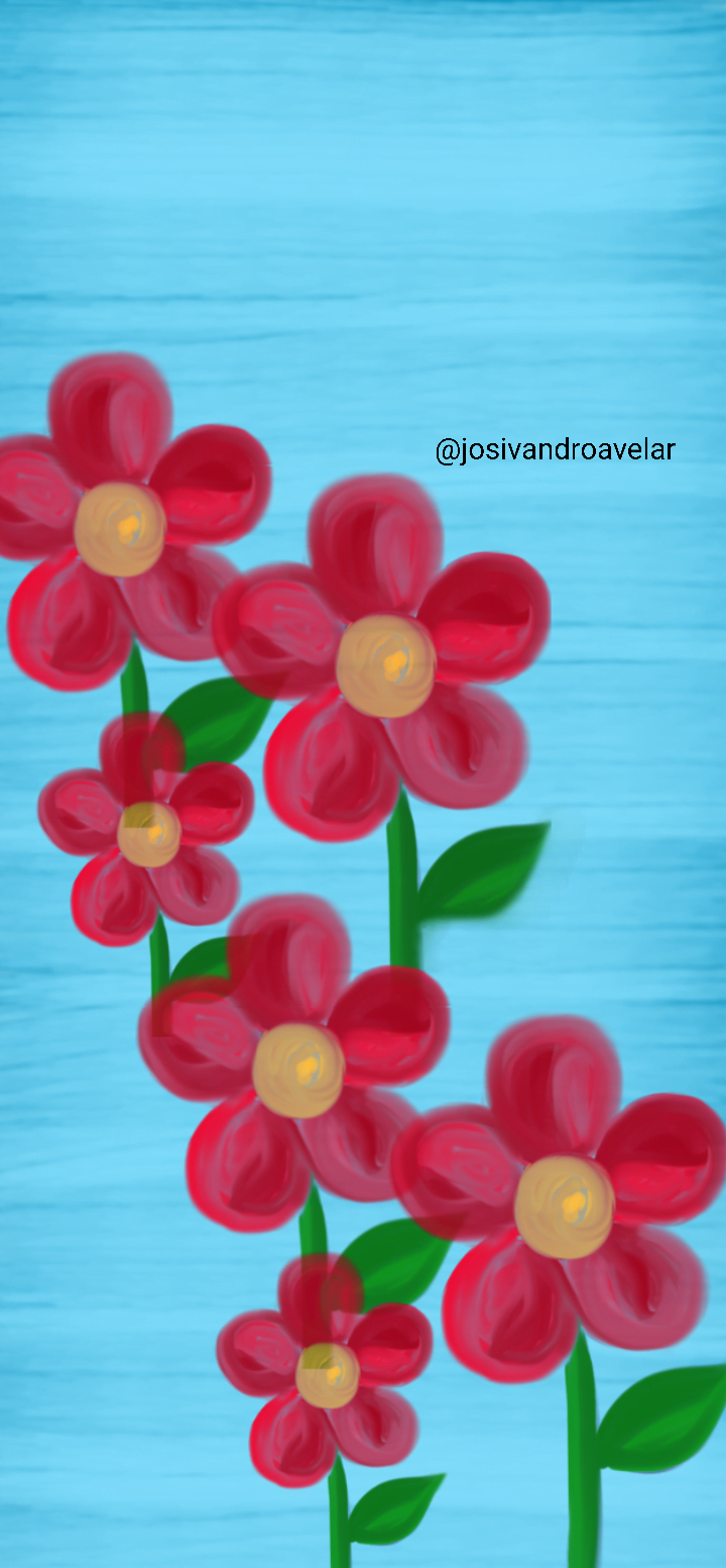 Artes digitais: um monte de flores 1 Desenho de um monte de flores vermelhas - aparecem seis no desenho - vermelhas com talos e folhas verdes sobre fundo azul.