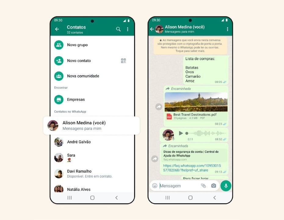 Você já pode enviar mensagens para si mesmo no WhatsApp 1 Telas de celular mostrando como enviar mensagens para si mesmo no WhatsApp.