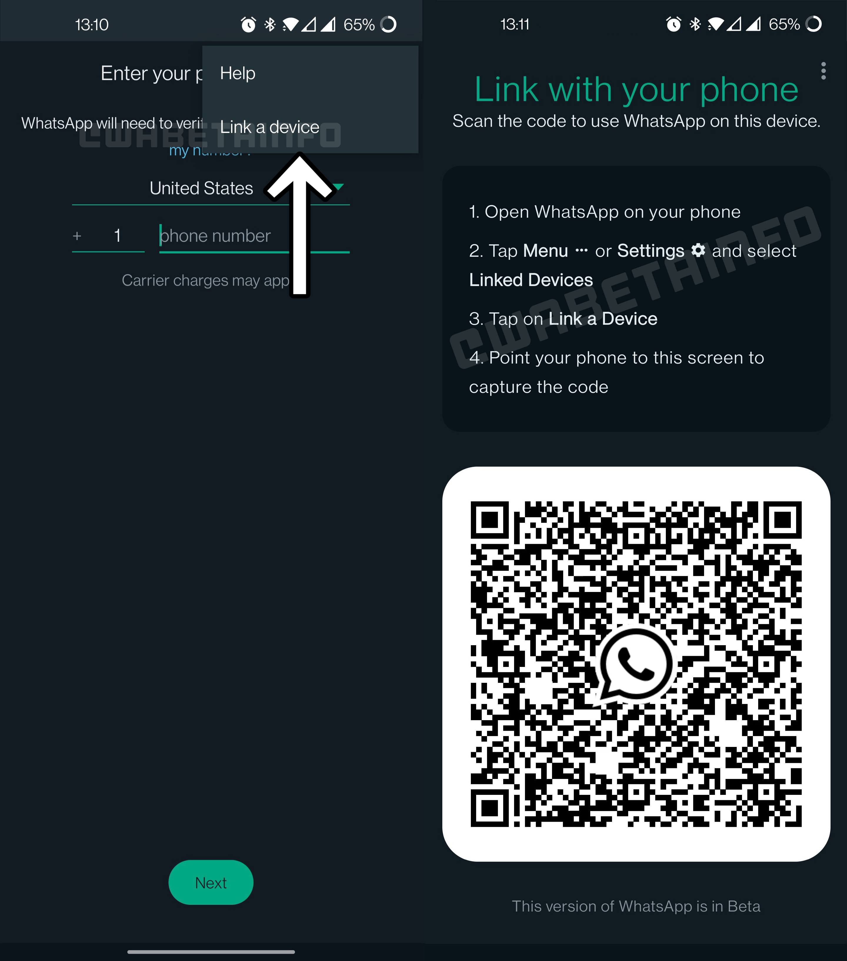Prints do recurso de modo complementar do WhatsApp, em testes. Os prints são do site WABetaInfo.