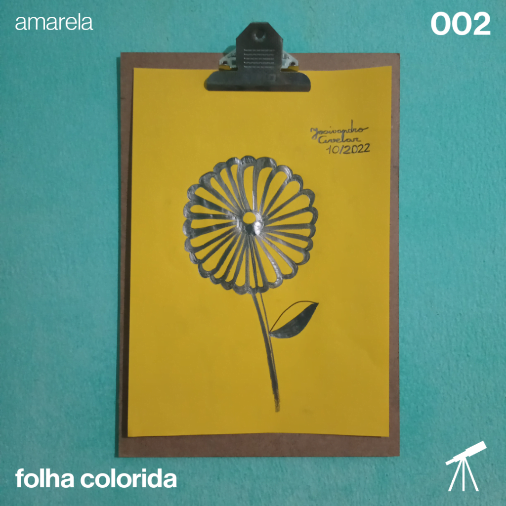 #FolhaAmarela - Girassol brilhante 1 Desenho de um girassol brilhante em uma folha amarela.
