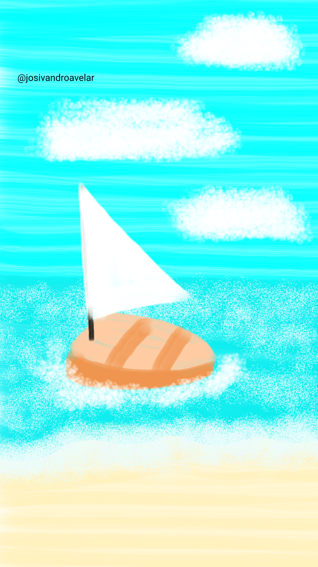 Artes digitais: jangada 1 Desenho de uma jangada no mar.
