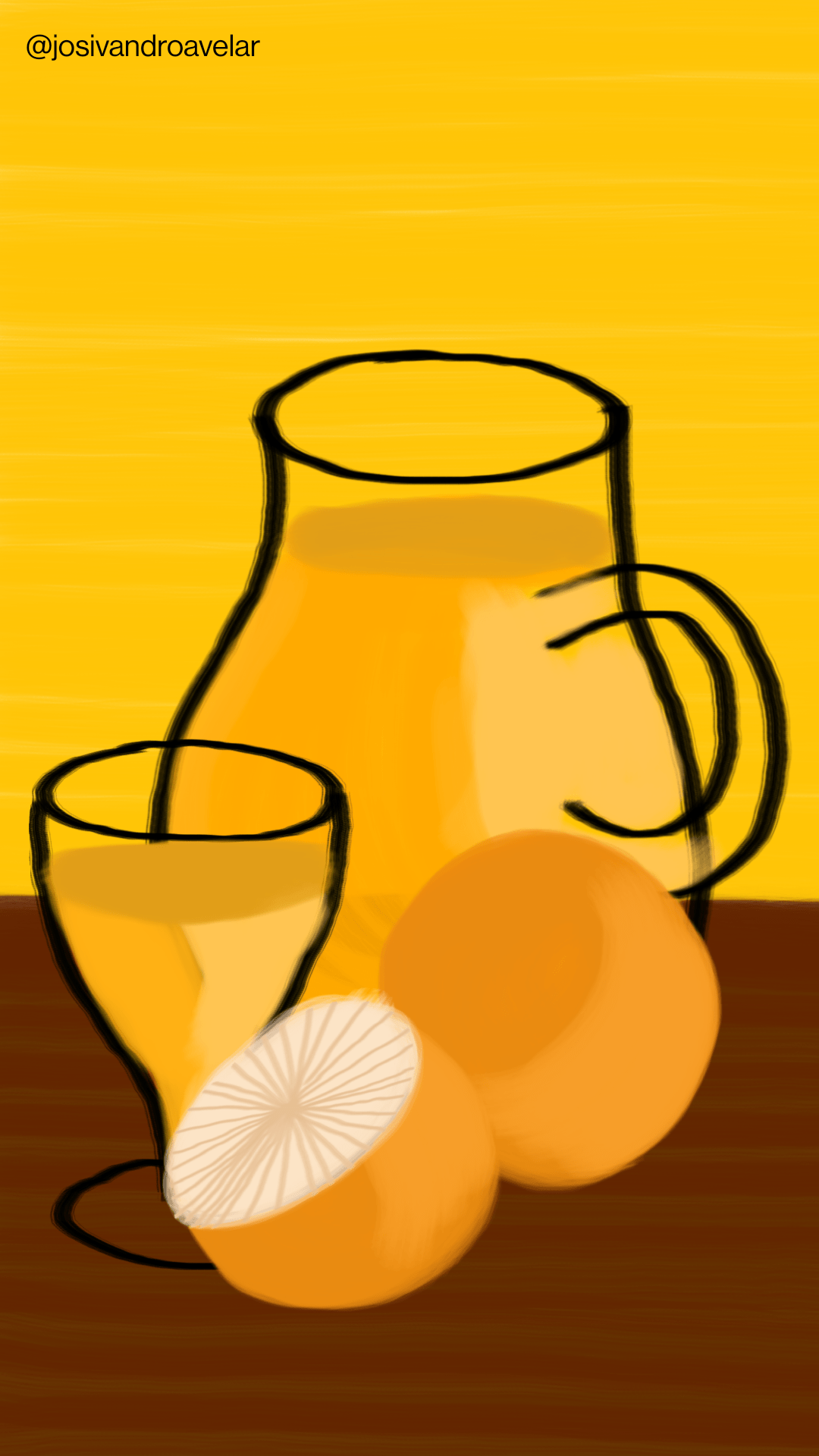Artes digitais: suco de laranja 1 Uma jarra de suco de laranja com umas laranjas.