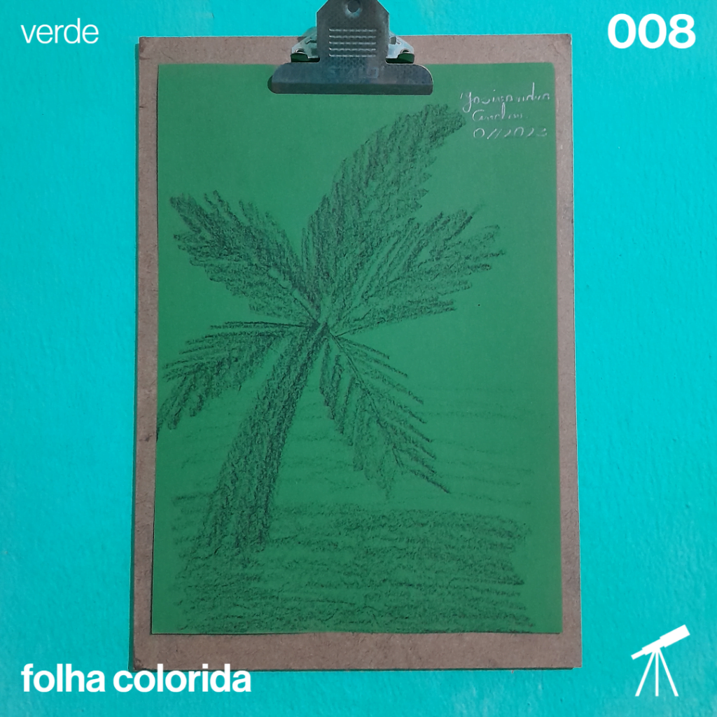 #FolhaVerde - Praia 1 Desenho de um cenário de praia, com mar, areia e uma palmeira.