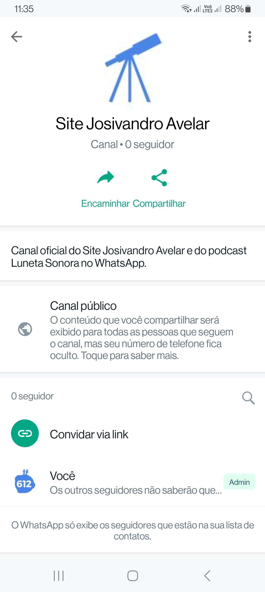 Como criar um canal no WhatsApp 2 Print das informações do canal do Site Josivandro Avelar no WhatsApp.