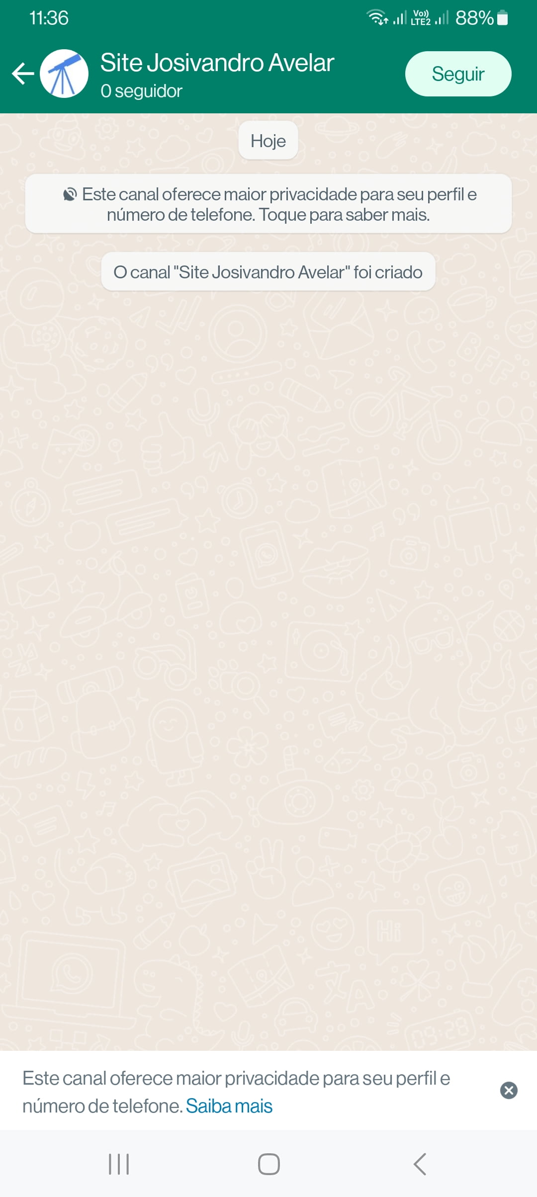 Como criar um canal no WhatsApp 3 Print do canal do Site Josivandro Avelar no WhatsApp vazio.