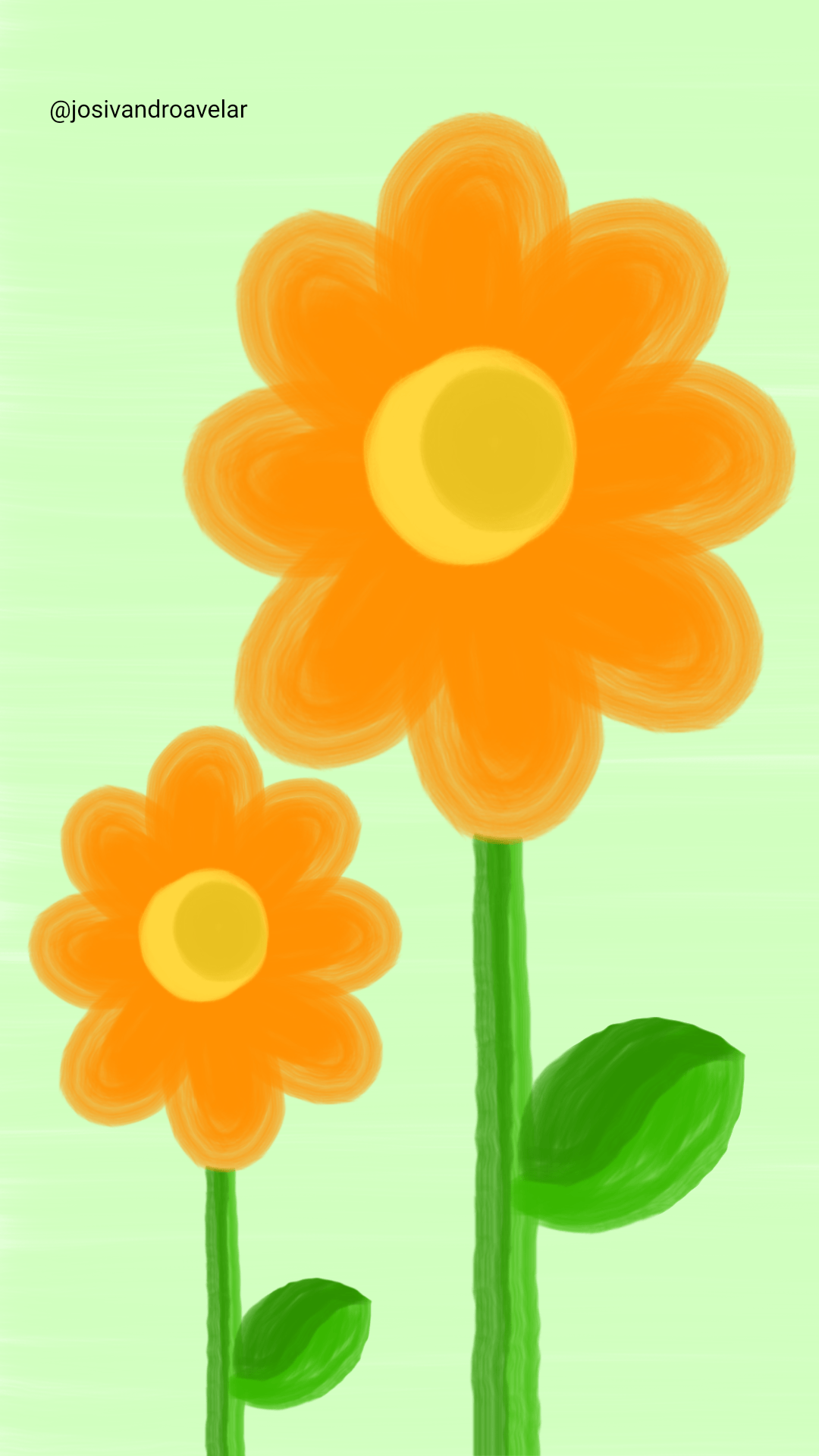 Artes digitais: flor laranja 1 Desenho de duas flores de cor laranja, em fundo verde claro.