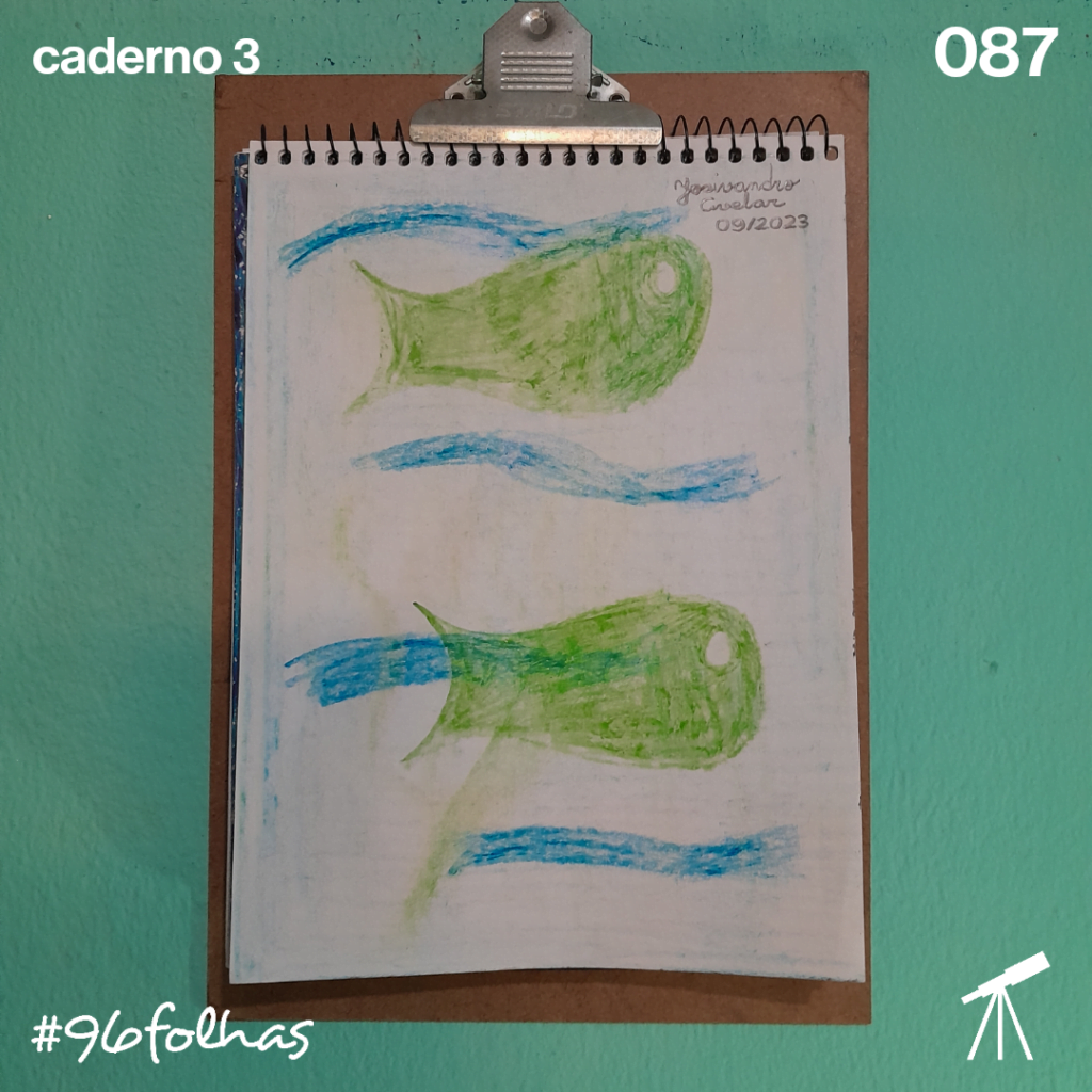 #96folhas- Natureza marinha 1 Desenho de dois peixes nadando no mar, representando a natureza marinha.
