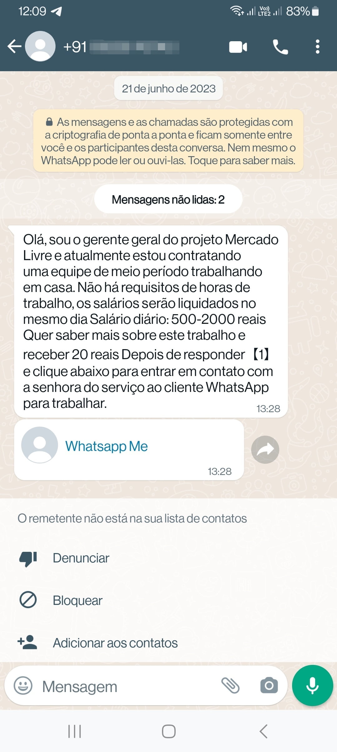 Mais um golpe manjado no WhatsApp 1 Print de uma mensagem de falsa proposta de emprego no WhatsApp.