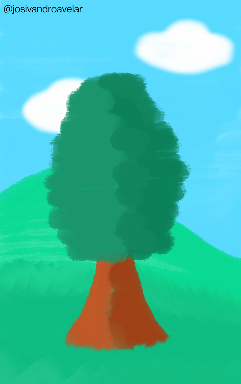 Artes digitais: apenas mais uma árvore solitária 1 Desenho de apenas mais uma árvore solitária, com um morro e nuvens ao fundo, em um gramado verde.