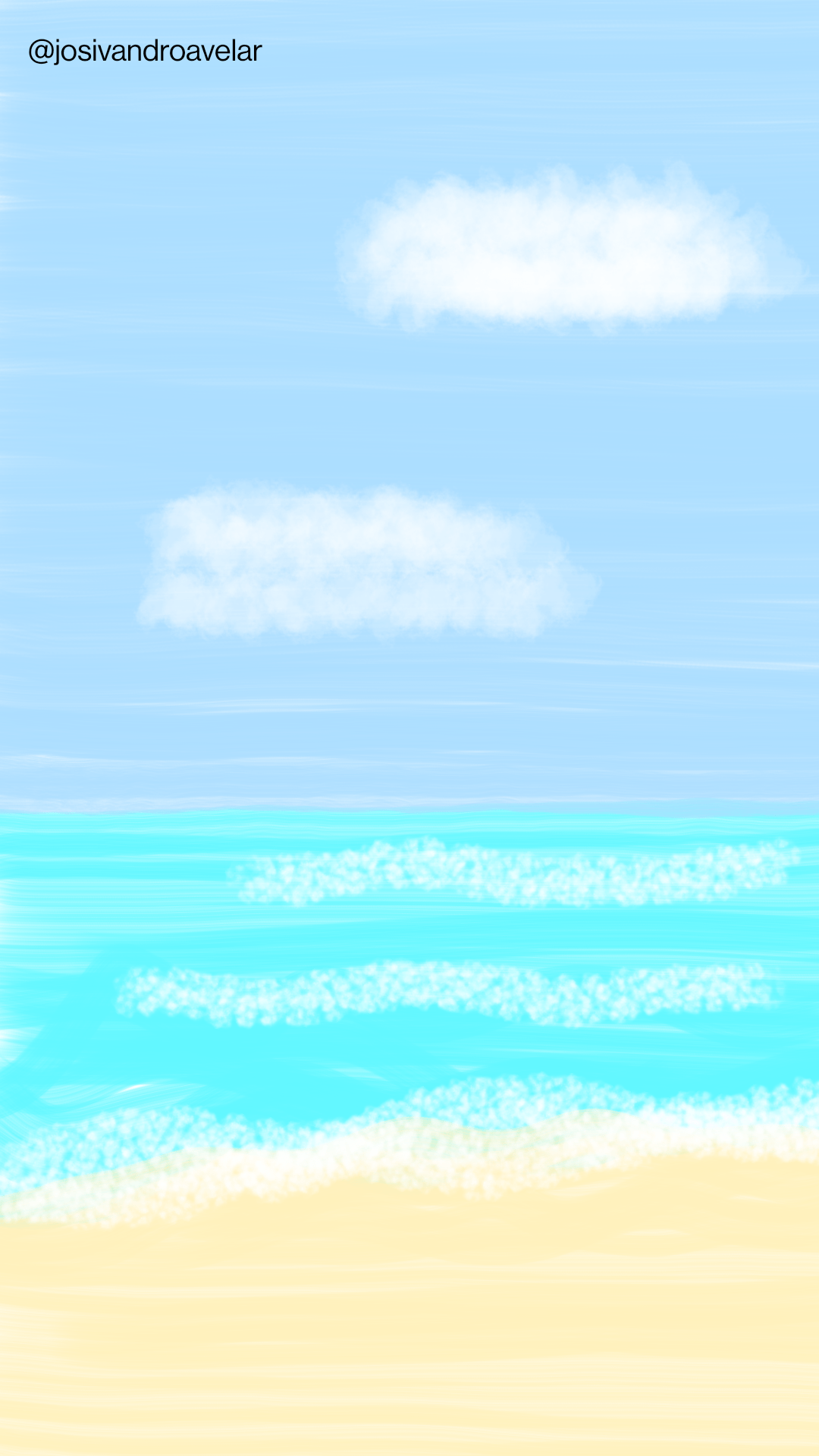 Artes digitais: vista do oceano 1 Desenho de uma vista do oceano, com céu em um tom de azul, mar em outro tom, ondas e areia.