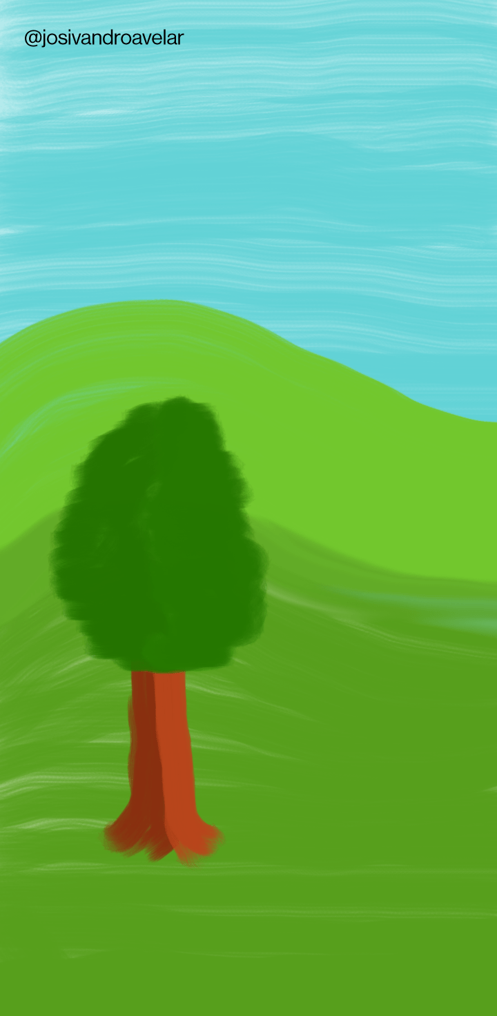 Artes digitais: ver o verde 1 Desenho de uma árvore na frente de um morro, representando o verde.