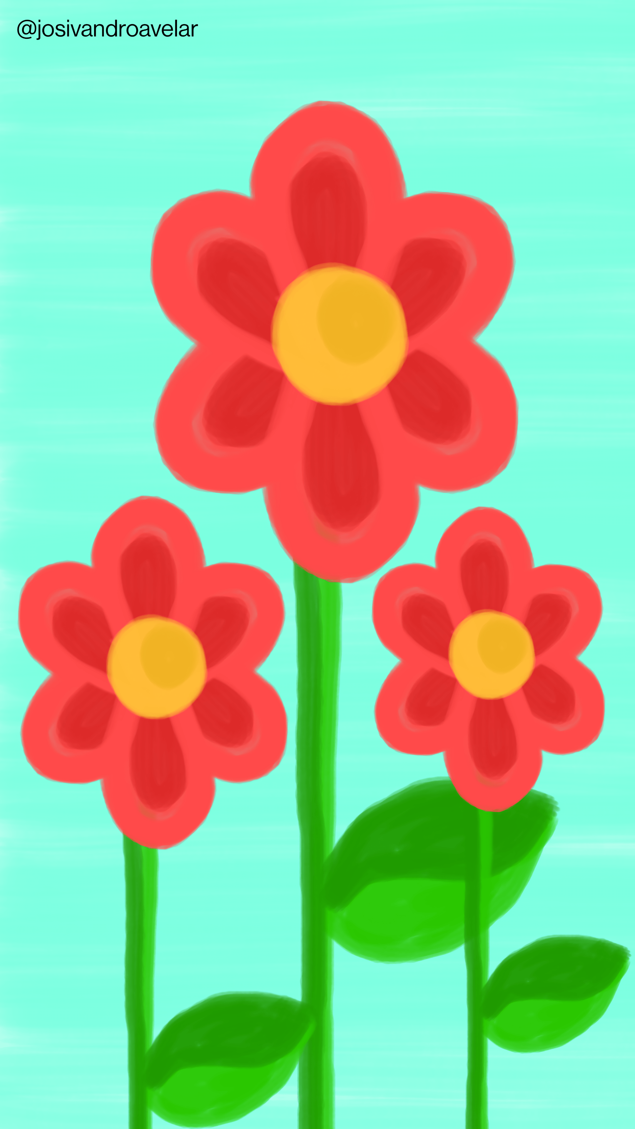 Artes digitais: harmonia das flores 1 Desenho de três flores vermelhas em um fundo azul, representando a harmonia das flores.