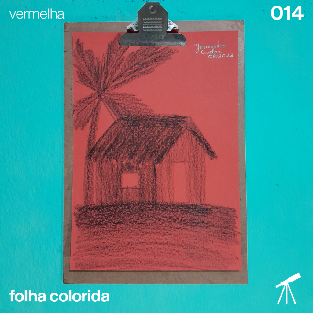 #FolhaVermelha - Cabana 1 Desenho de uma cabana com um coqueiro atrás.