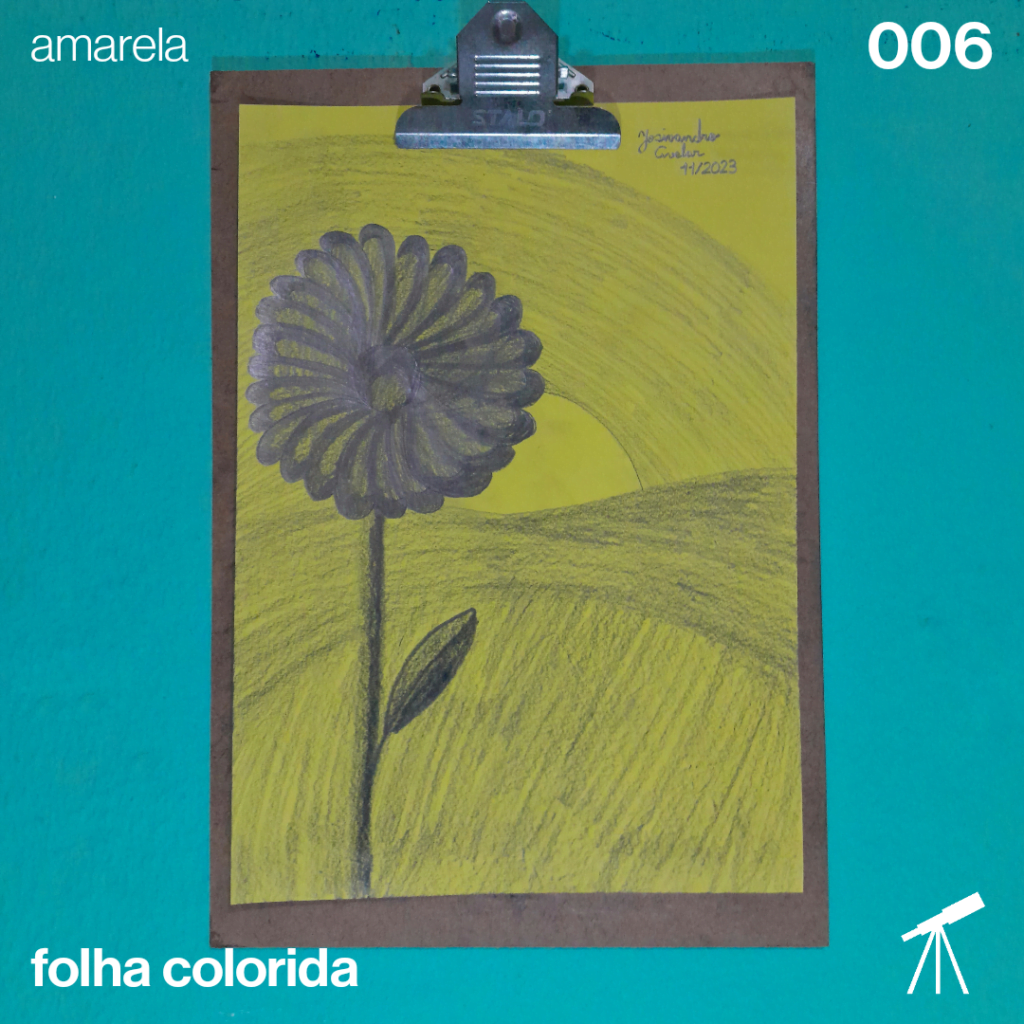 #FolhaAmarela 006 - Girassol no horizonte 1 Desenho de um girassol no horizonte feito em uma folha amarela usando lápis grafite 8B.