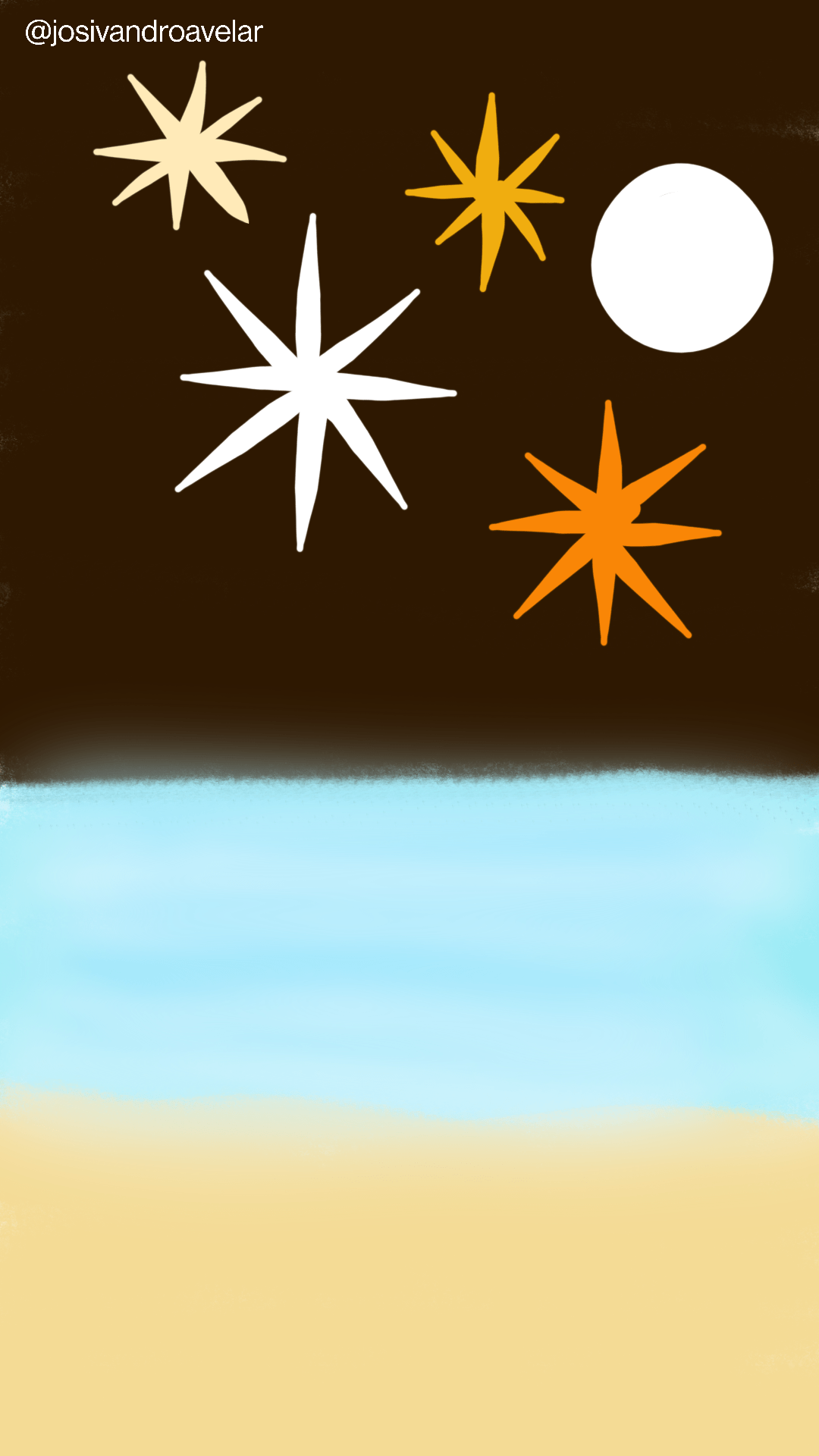 Artes digitais: cada momento vale a pena 1 Desenho de uma praia com fogos de artifício no céu, simbolizando que cada momento vale a pena.