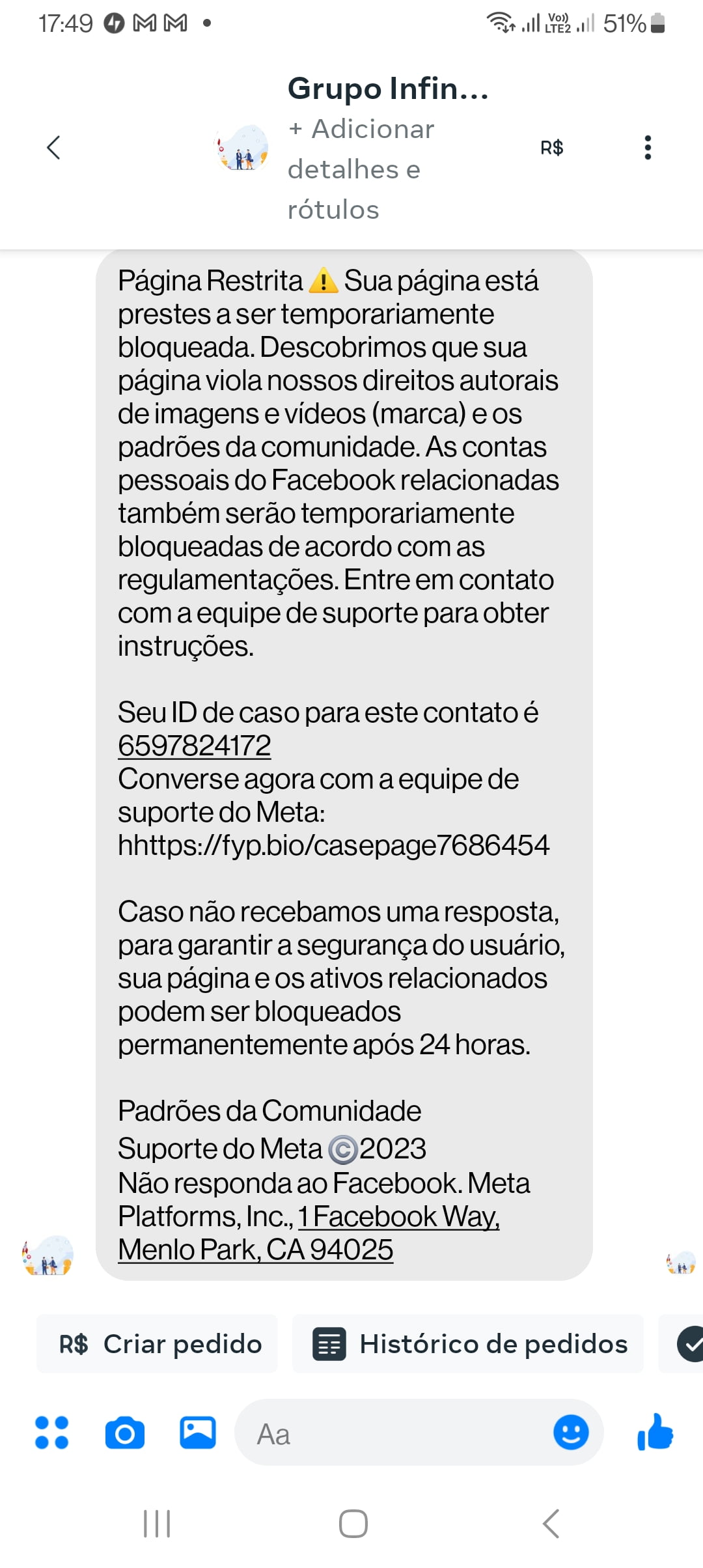 #ContentTalks: Mensagens duvidosas no inbox das páginas do Facebook 1 Print de uma das mensagens fraudulentas que chegaram no inbox da minha página.