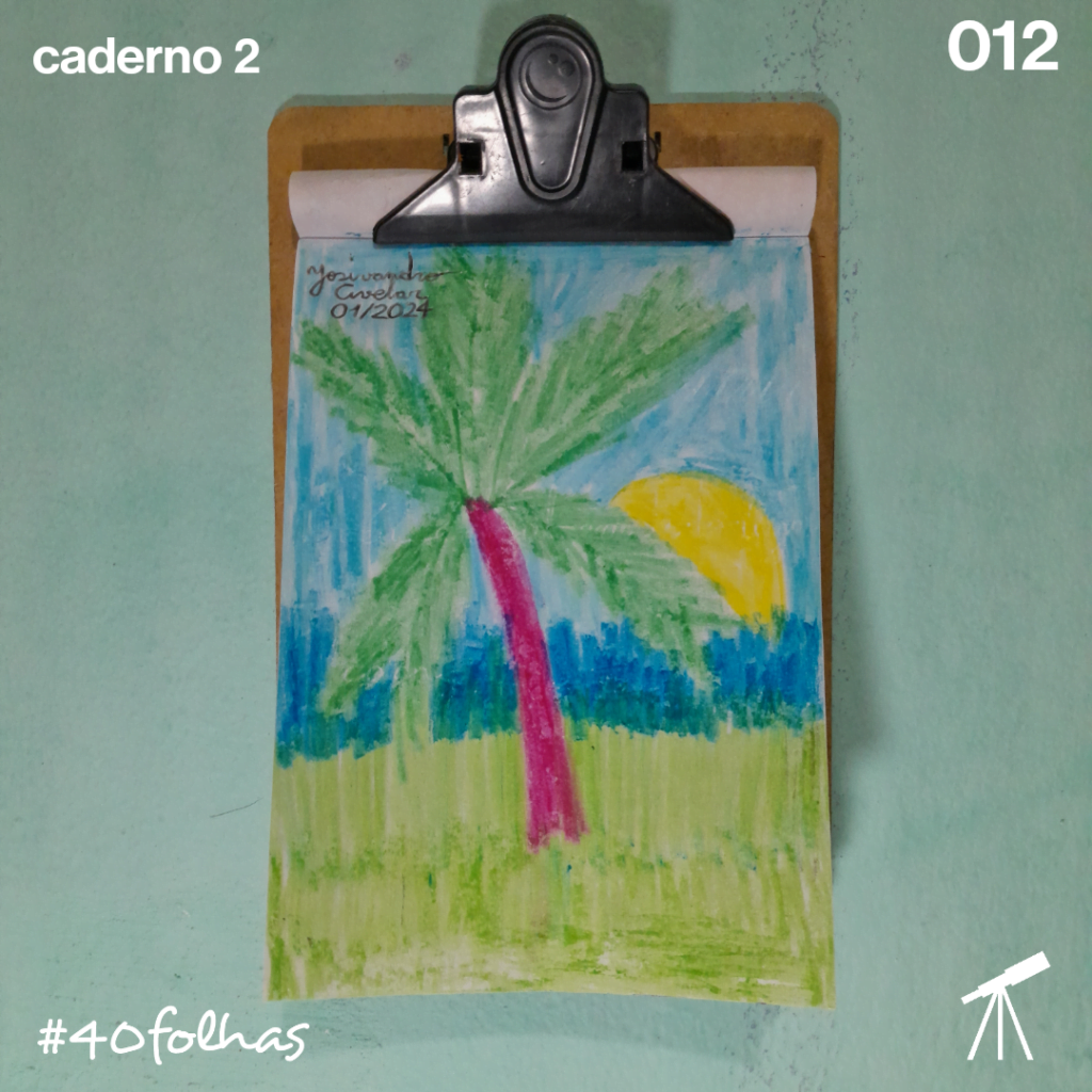 #40folhas caderno 2 - 012: Sinta o clima 1 Sinta o clima do verão com este desenho de um coqueiro em uma paisagem verde com o mar e o céu em tons de azul, e o Sol ao fundo.