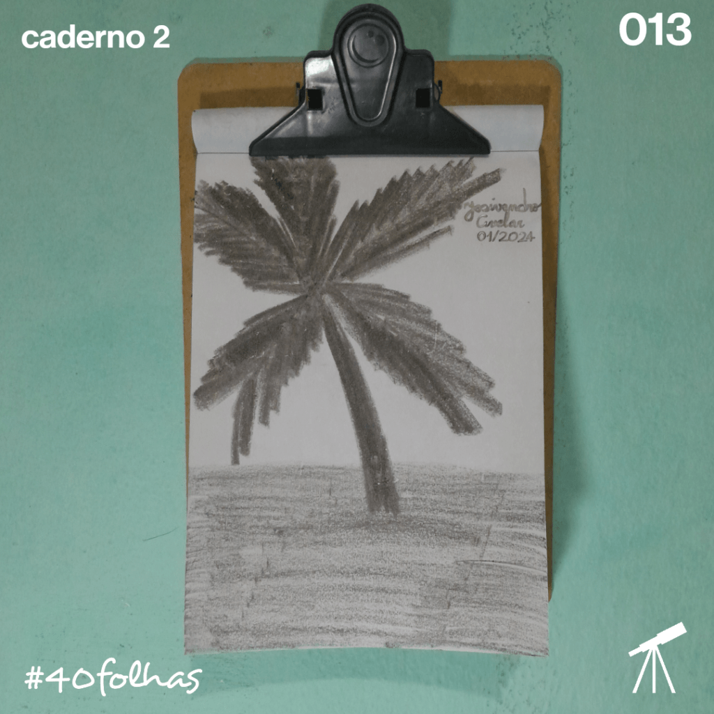 Desenho de um coqueiro, representando o verão em preto e branco.