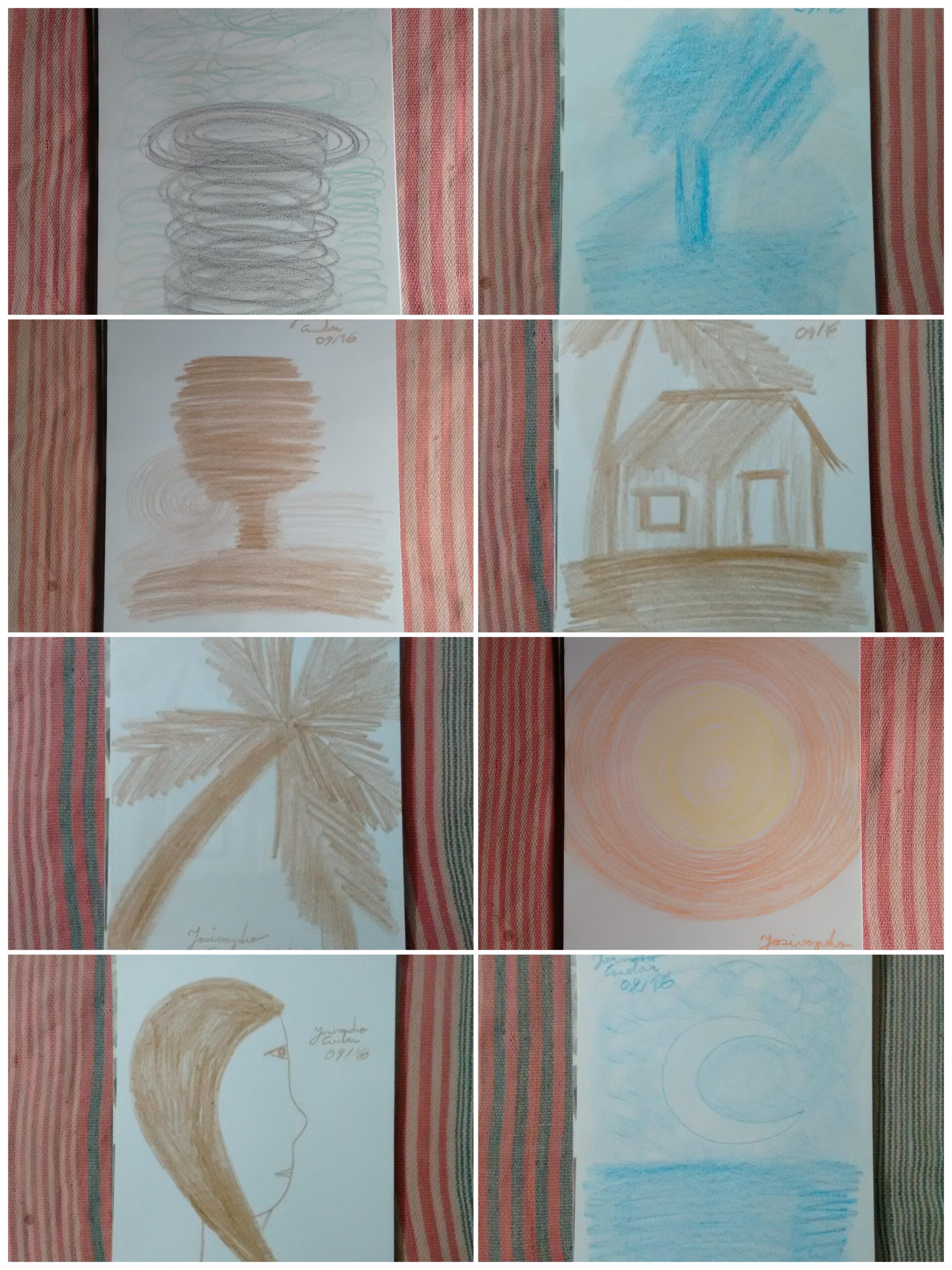Mosaico com os oito desenhos perdidos do segundo caderno de #96folhas.
