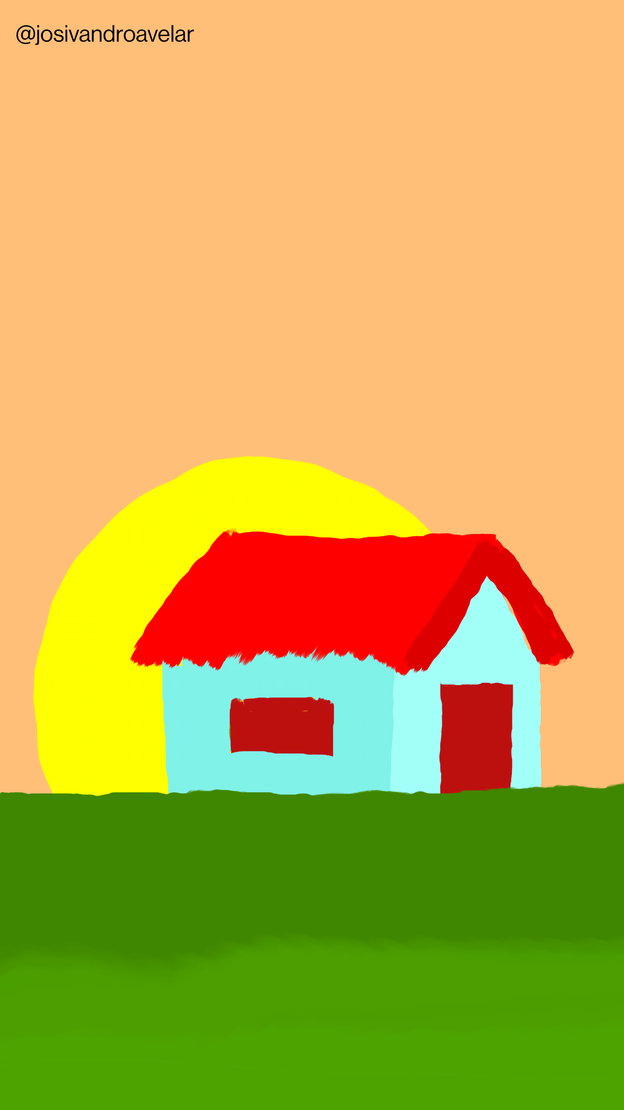 Artes digitais: um lugar como o lar 1 Uma casa, em cima de um terreno com um gramado verde, tendo o nascer do Sol por trás. Um lugar como o lar.