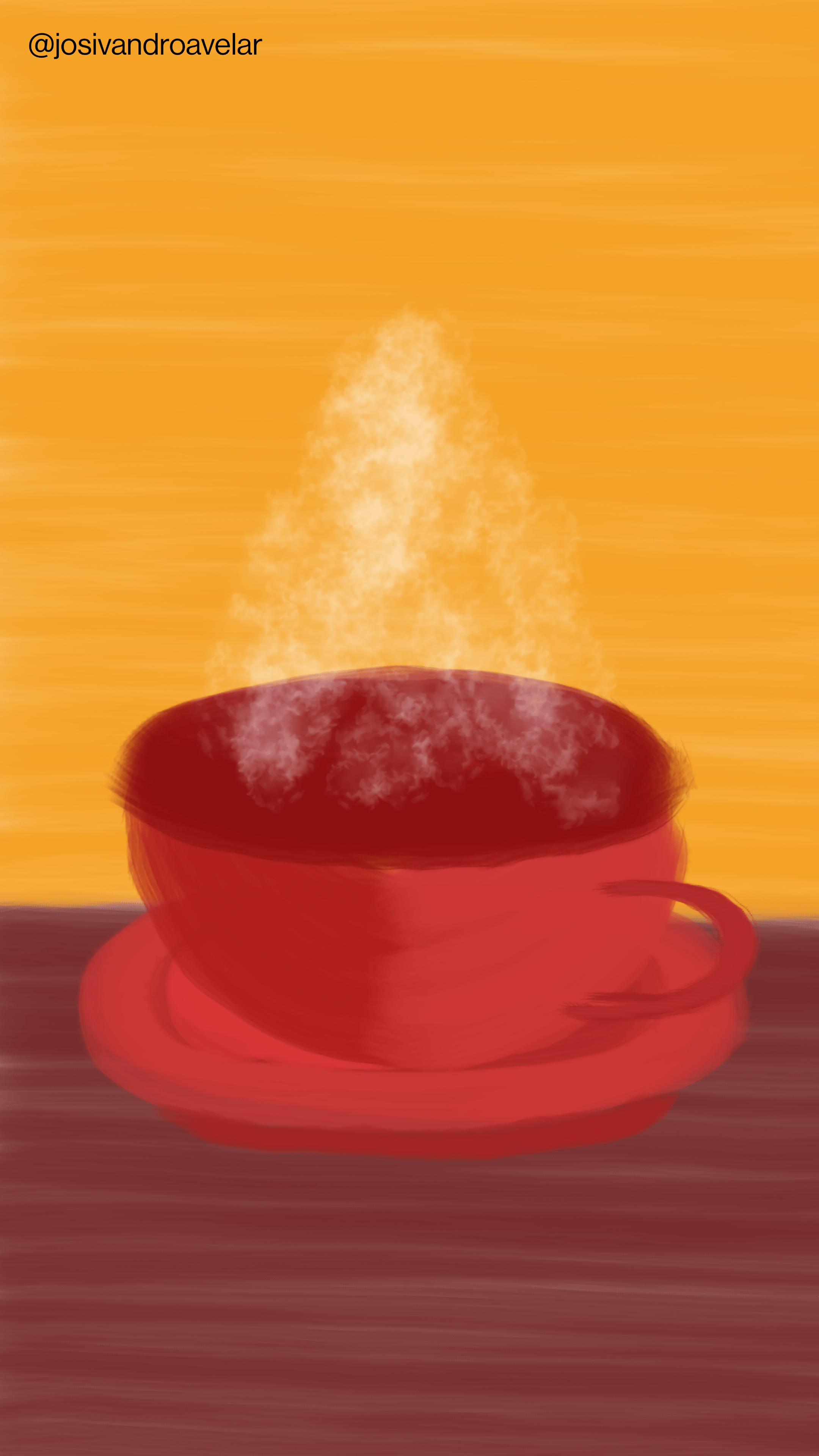Artes digitais: hoje é dia de café (sim, quinta-feira) 1 Hoje é quinta-feira, mas é dia de café, servido em xícara vermelha, em uma mesa marrom e fundo laranja. E está queinte, até saindo uma fumacinha.