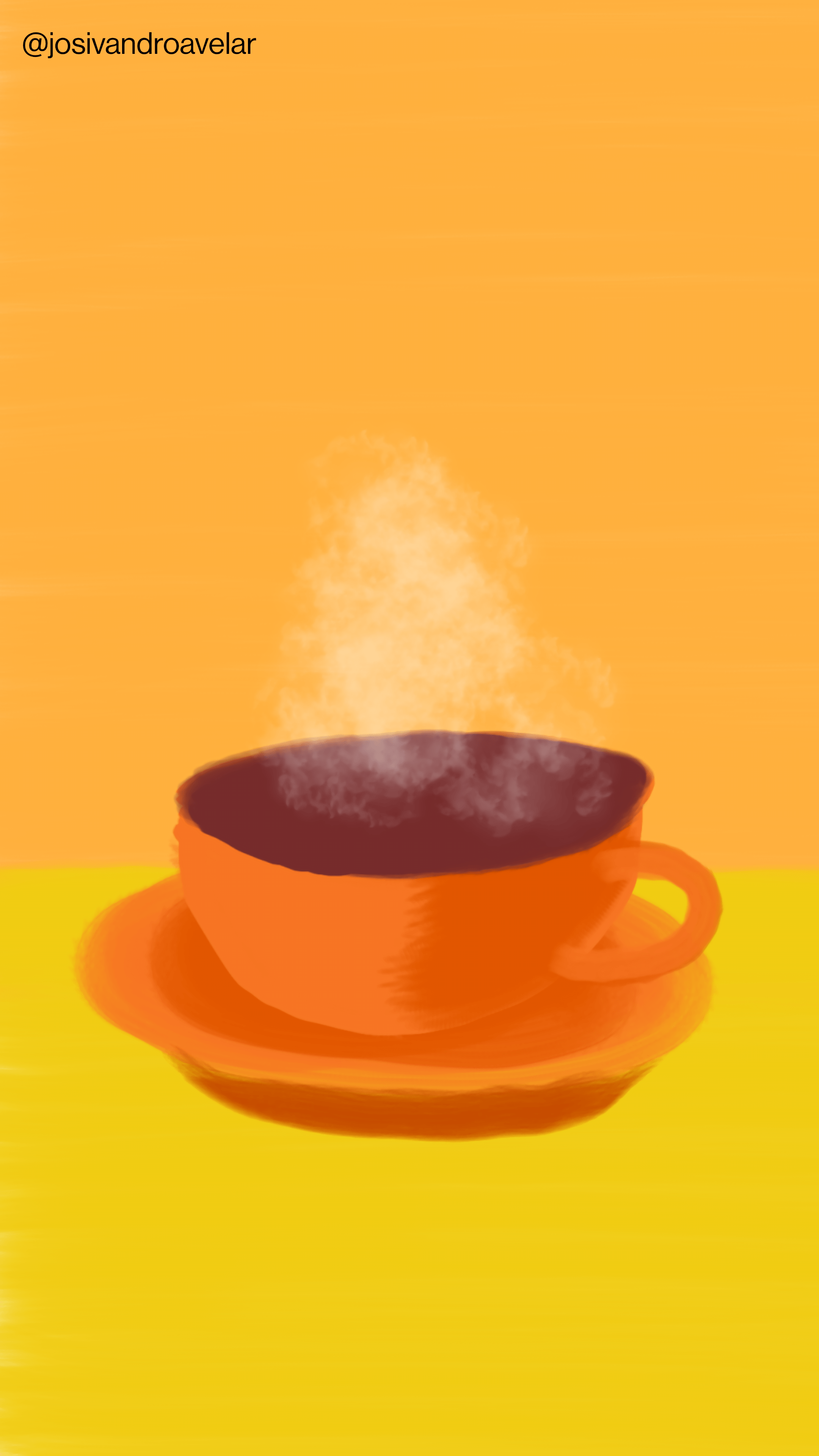 Artes digitais: a energia de um bom café 1 A energia de um bom café servido em uma xícara laranja, sobre uma mesa amarela e com uma parede laranja ao fundo.