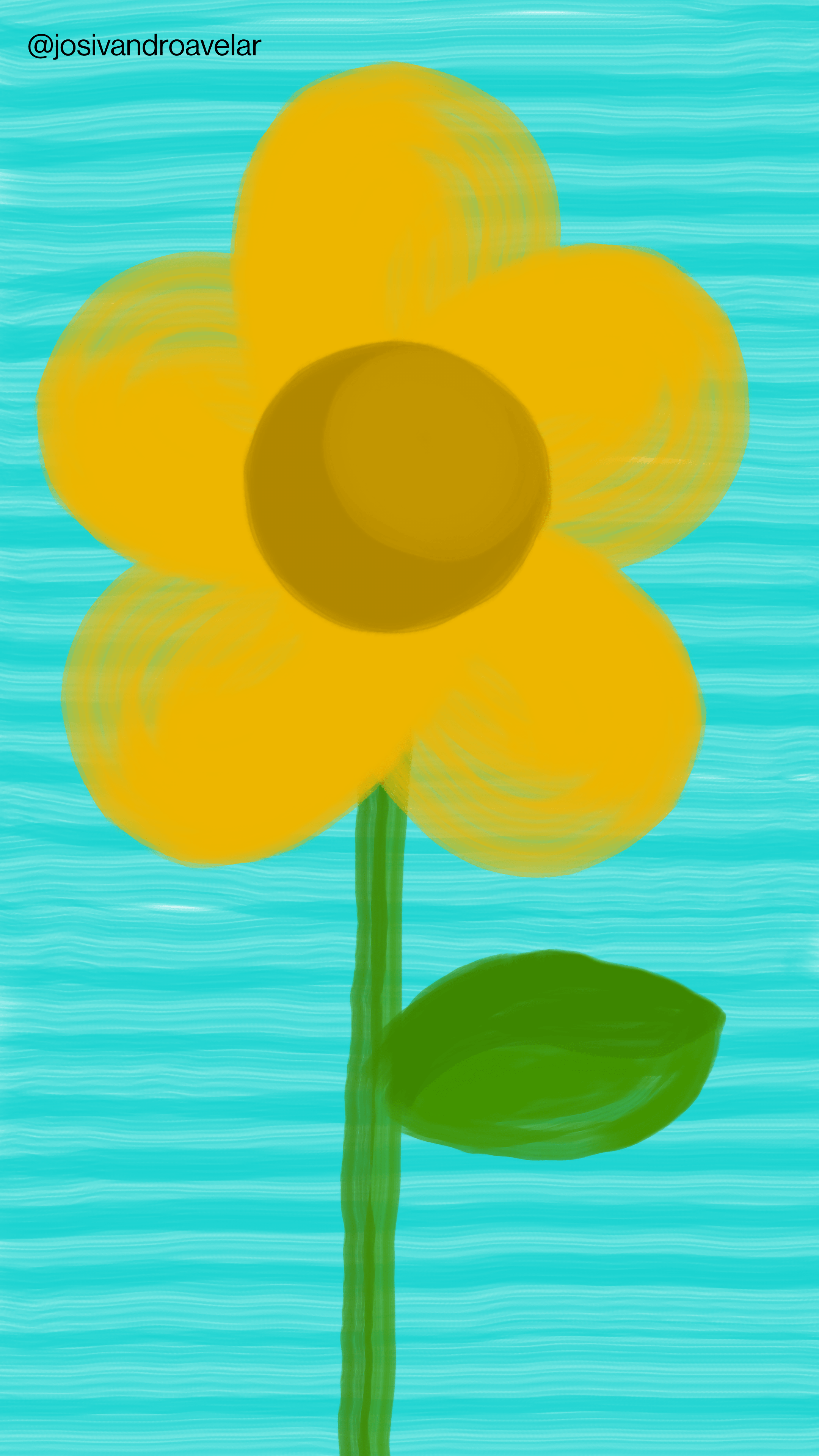 Desenho de uma flor amarela, que não é qualquer flor amarela, com um talo verde com uma folha igualmente verde, em um fundo azul.