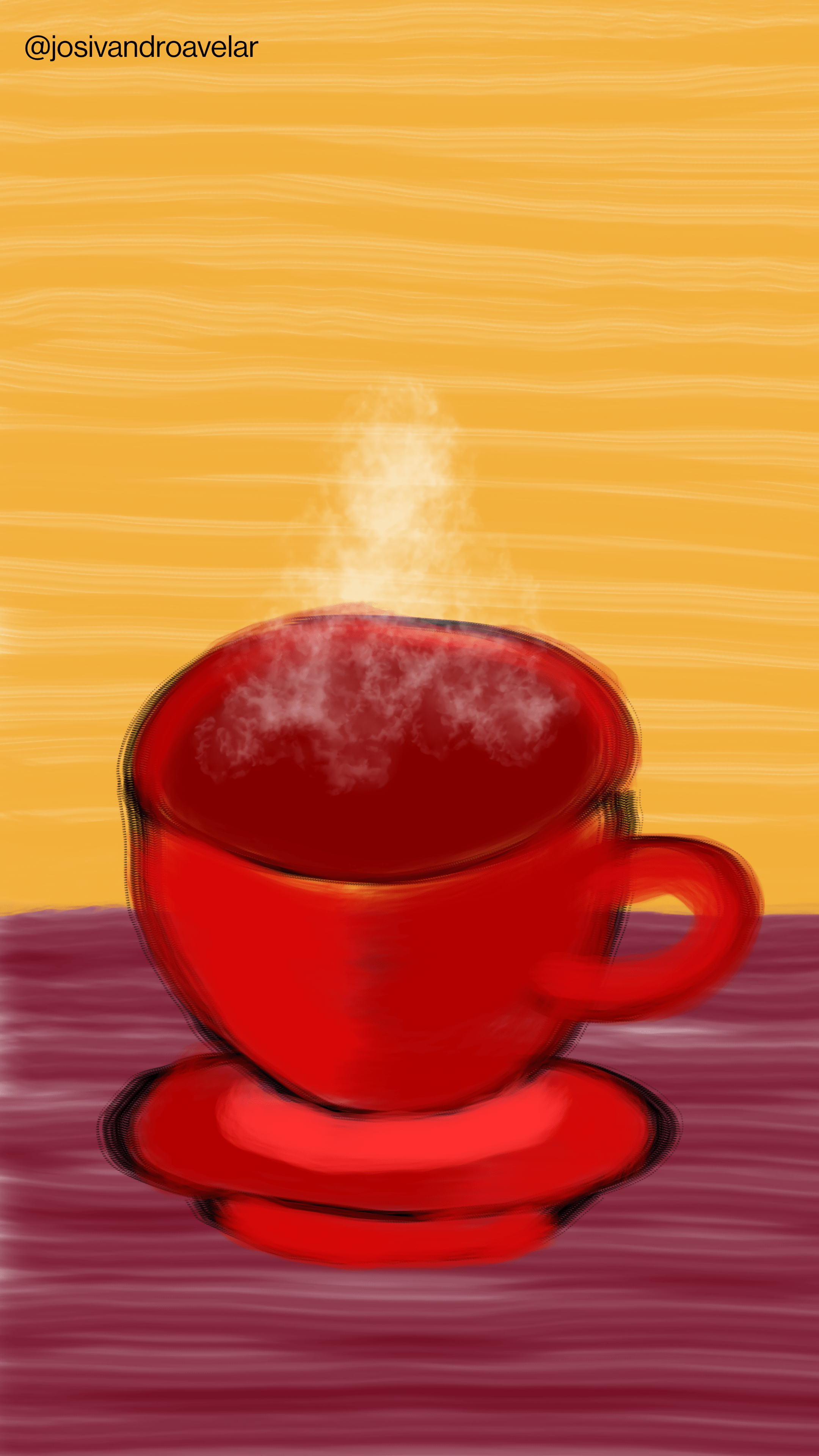 Bora desenhar? #014 1 Pausa perfeita para uma xícara de café, sobre uma mesa marrom e fundo laranja. O café está em xícara vermelha, com fumaça saindo.
