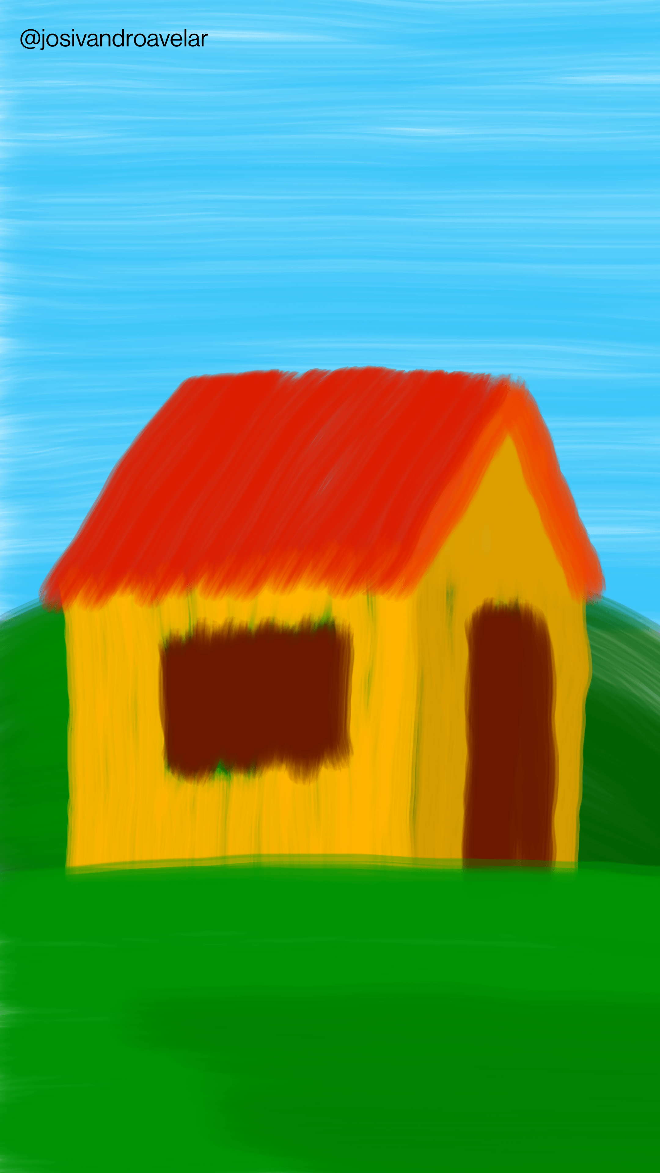 Artes digitais: meu lar 1 Uma casa amarela, com um telhado vermelho, portas e janelas marrons, céu azul. Este é o meu lar.