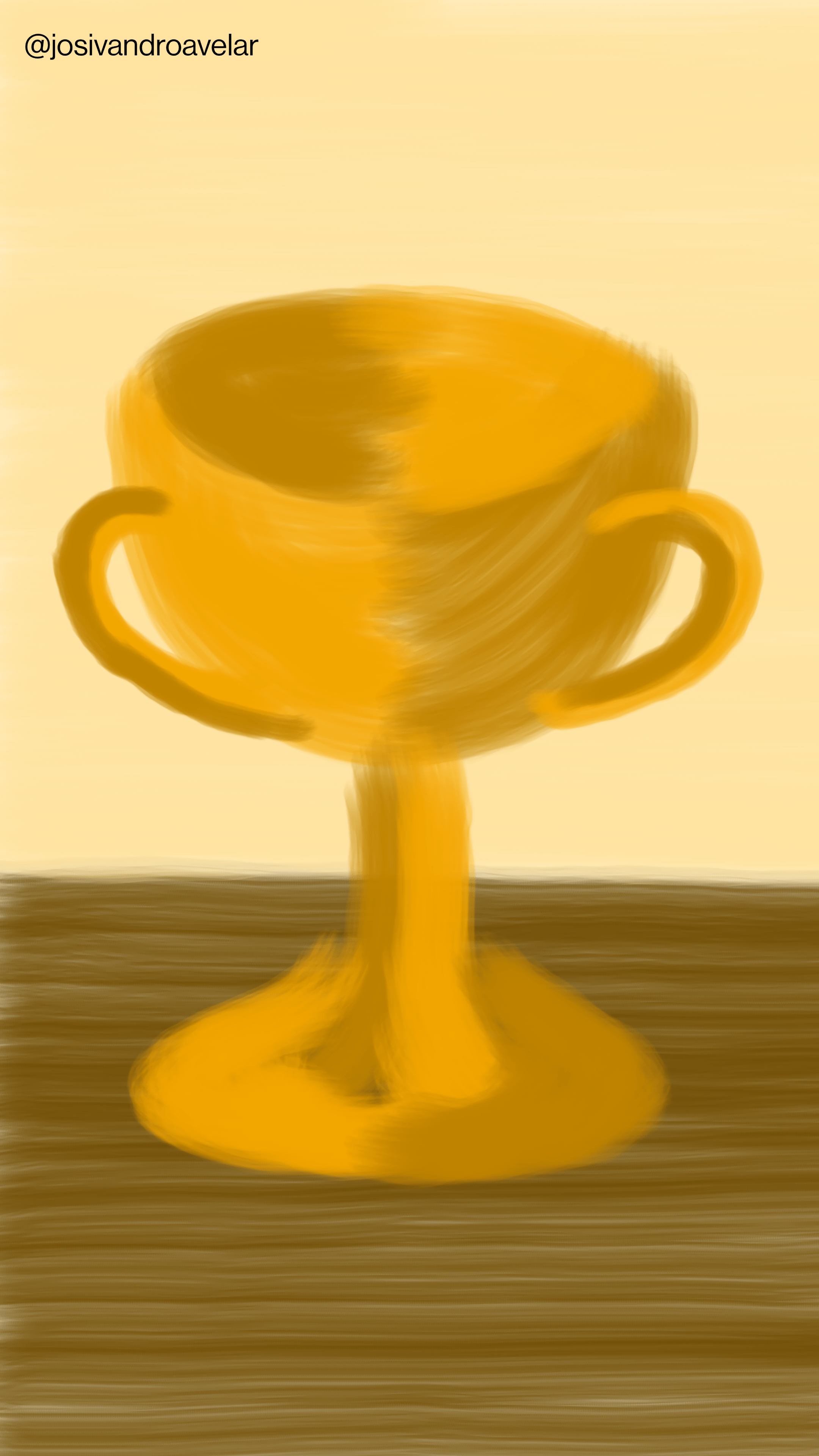 Desenho de um troféu sob uma mesa marrom e fundo em tom creme.