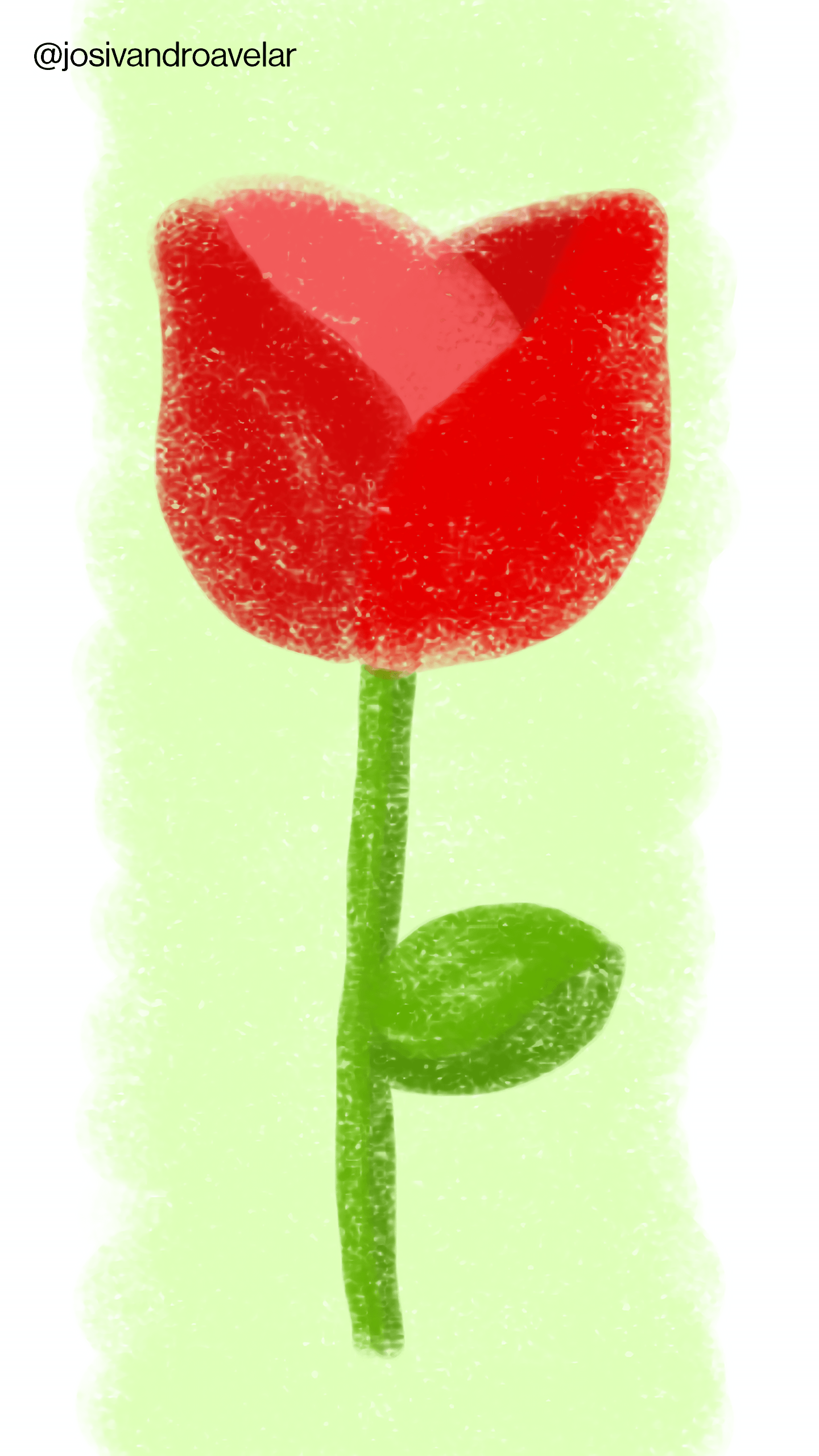 Artes digitais: rosa de pastel 1 Desenho de uma rosa vermelha com um talo verde, com uma folha, e um fundo verde e branco atrás. A rosa de pastel.