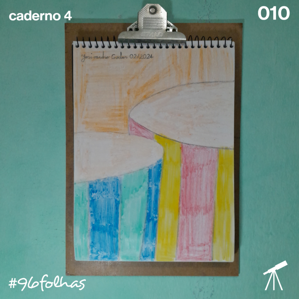 #96folhas caderno 4 - 010: Batuque 1 No ritmo do batuque do Carnaval, desenhei dois tambores.
