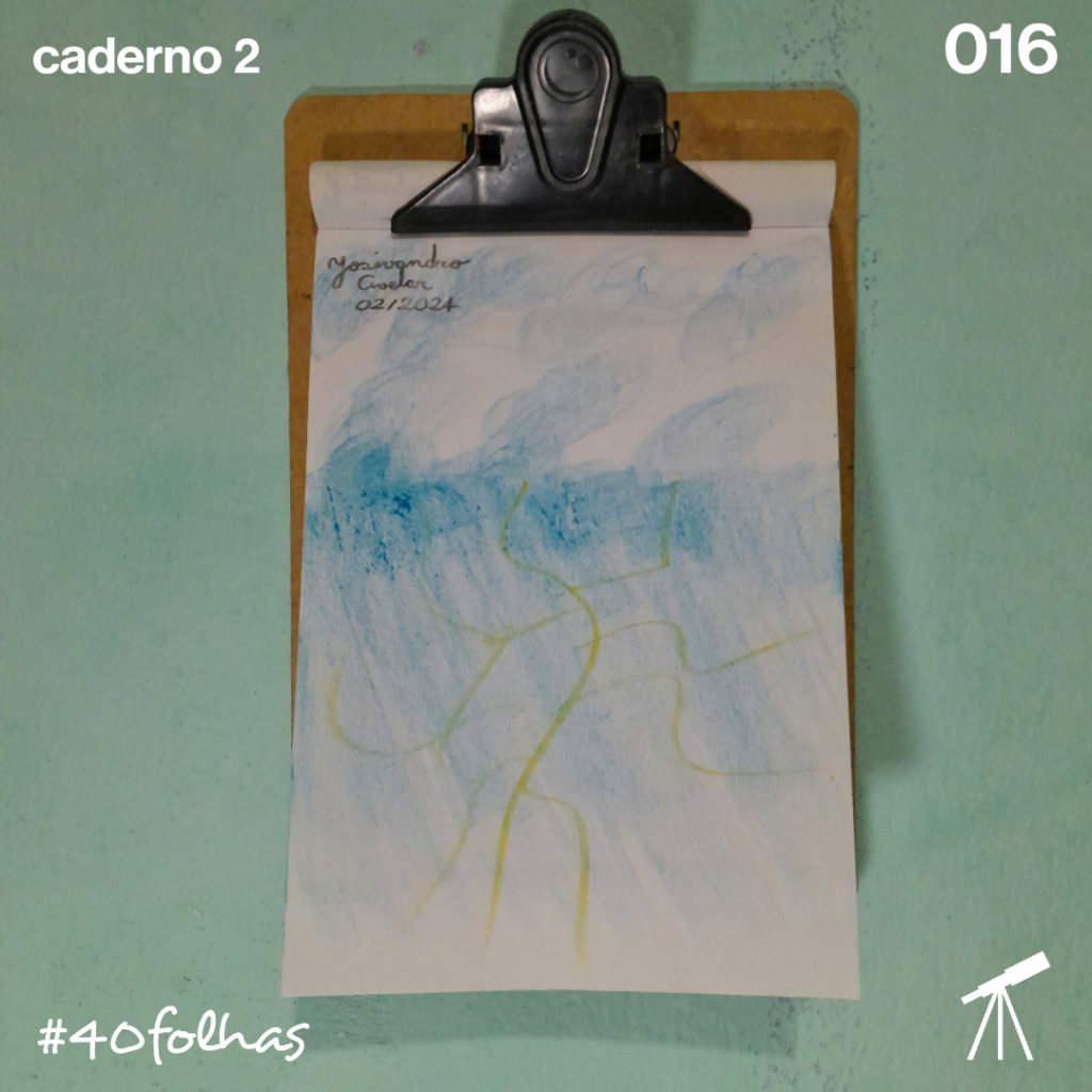 #40folhas caderno 2 - 016: A força do clima 1 A força do clima se traduz em nuvens, chuva e raios, representando o impacto das mudanças climáticas na comunidade.