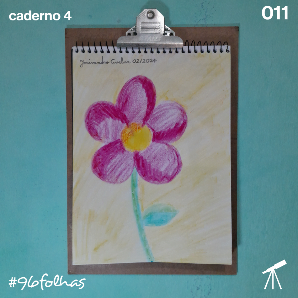 #96folhas caderno 4 - 011: Violeta solitária 1 Violeta solitária com um talo verde, tendo atrás um fundo amarelo.
