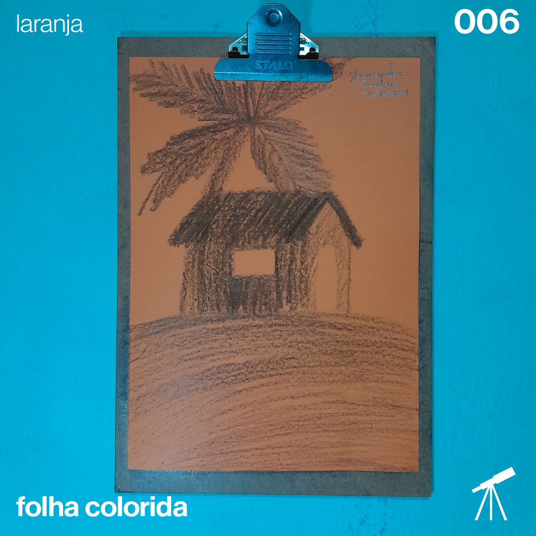 #FolhaLaranja 006 - Cabana 1 Desenho de uma cabana com um coqueiro atrás em cima de um morro, feito em uma folha de cor laranja.