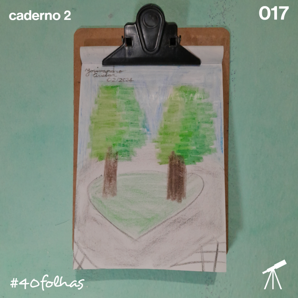 Desenho de uma Praça Mística, com duas árvores cercadas por calçadas curvadas.