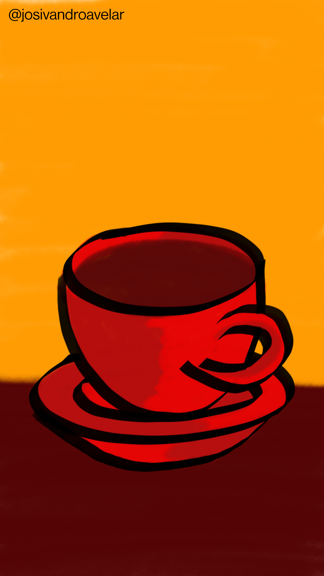 Artes digitais: nunca é tarde para um bom café 1 Xícara de café vermelha sobre uma mesa marrom, tendo como fundo uma parede laranja. Porque nunca é tarde para um bom café.