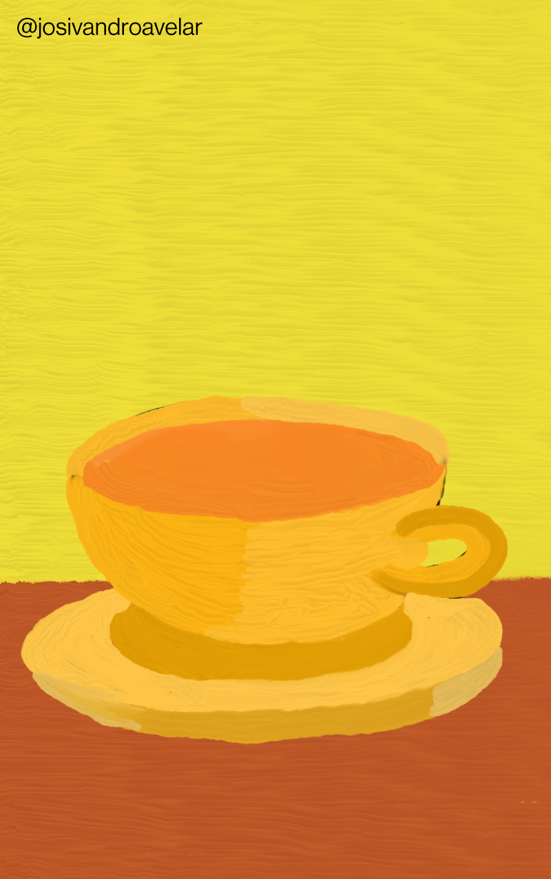 Artes digitais: chá das quatro horas 1 Desenho de uma xícara amarela de chá em uma mesa marrom e uma parede amarela em outro tom, representando o chá das quatro horas.