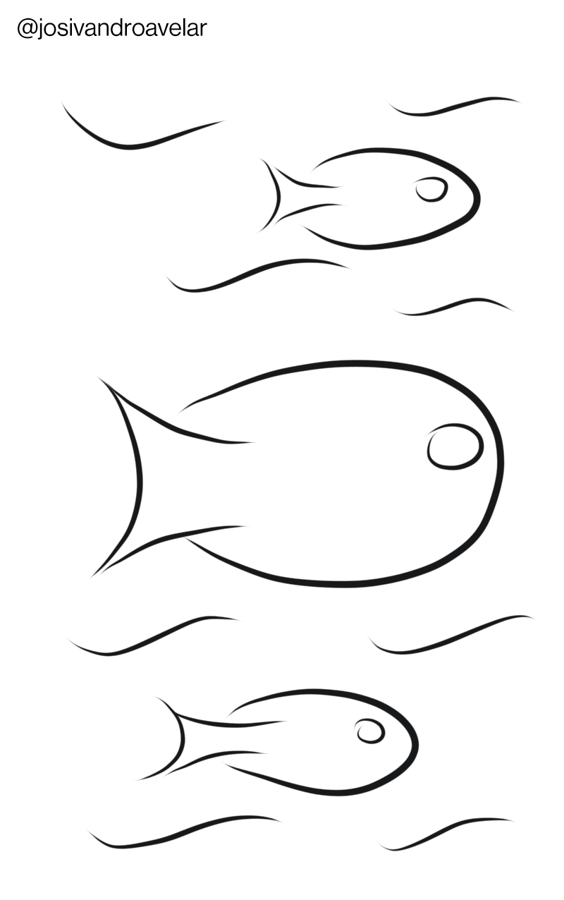 Artes digitais: alto mar 1 Desenho de peixes em linhas e curvas, representando o alto mar.