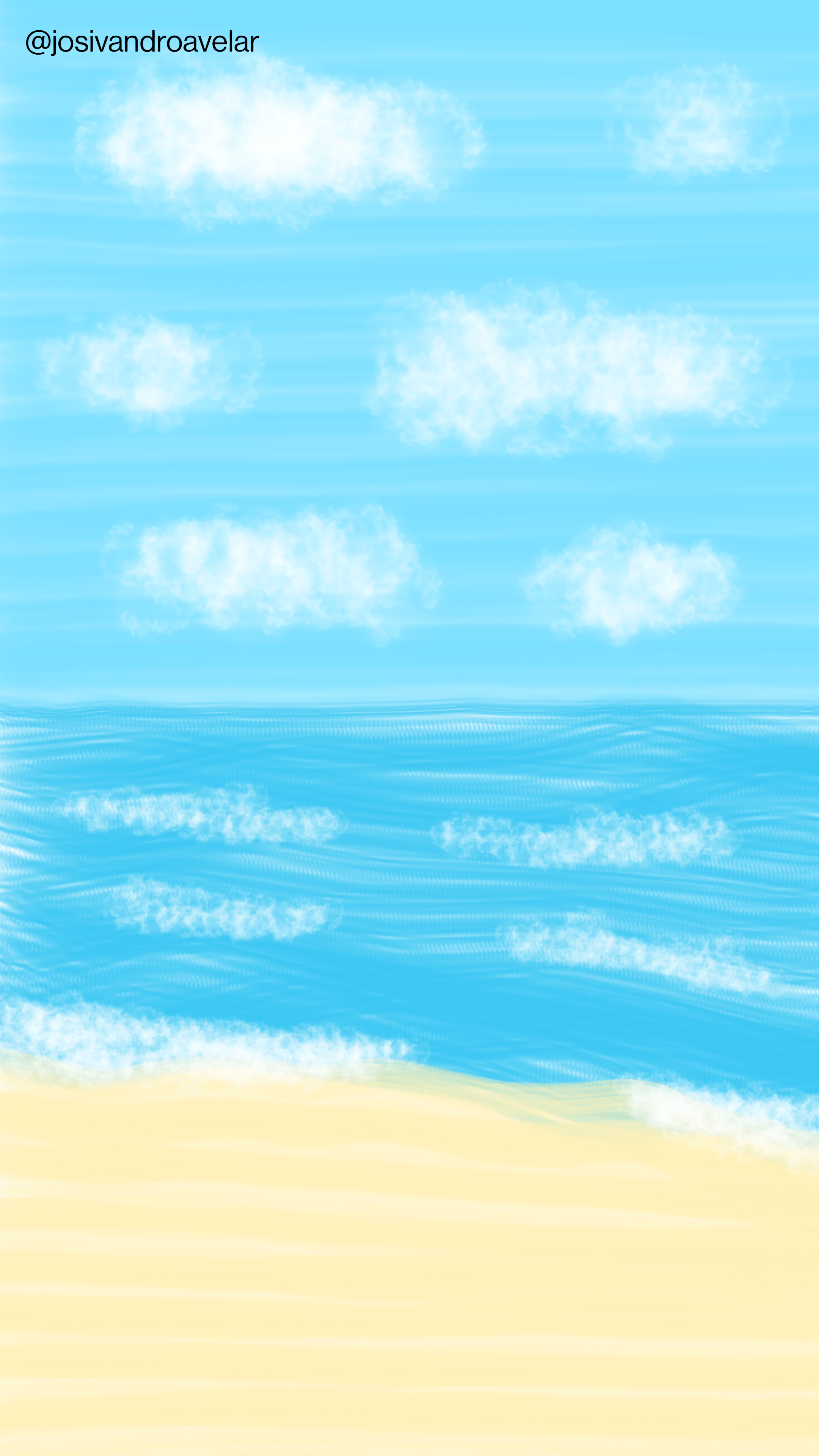 Desenho de um mar calmo, com areia clara, e nuvens no céu.