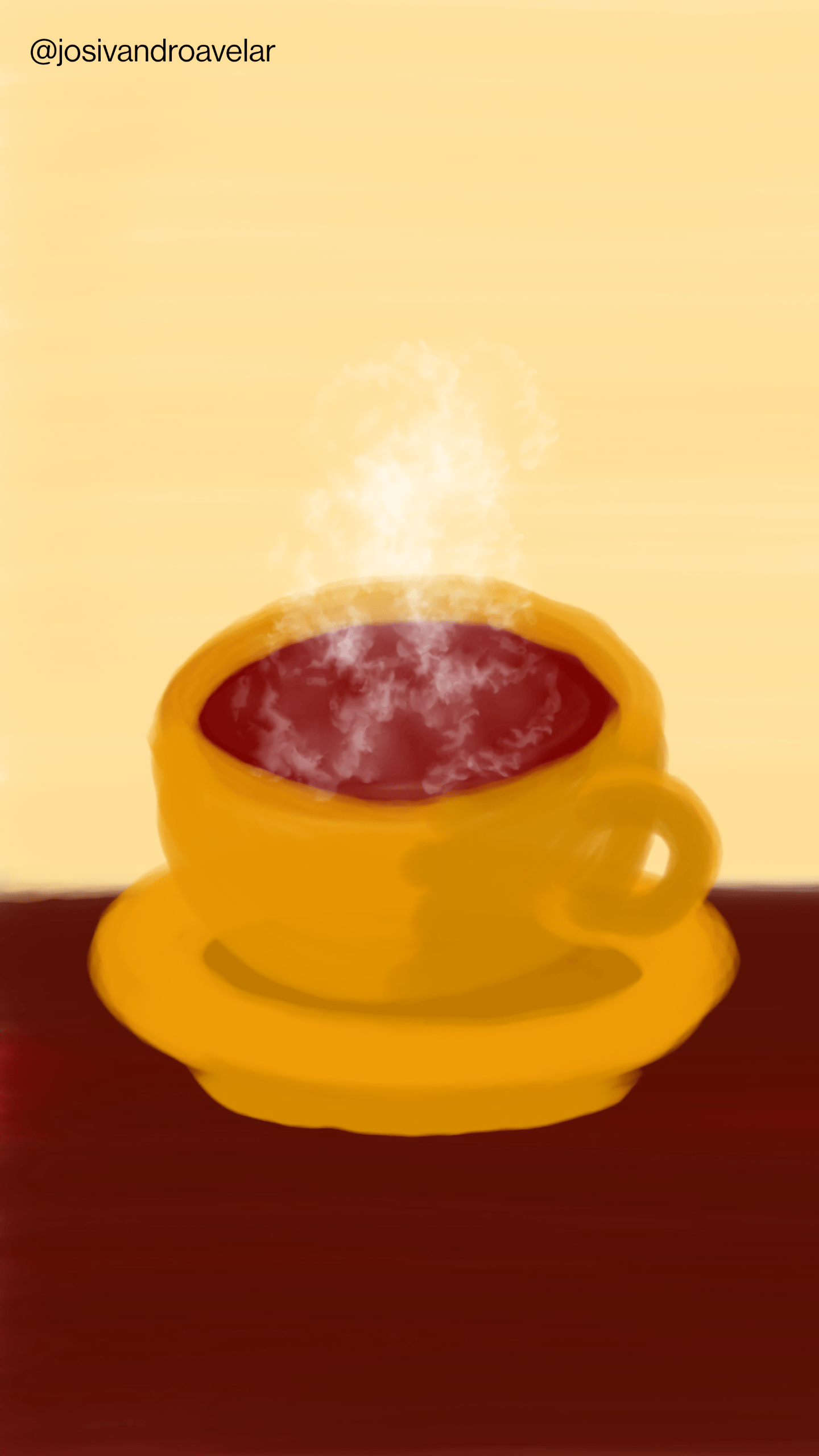 Bora desenhar? #022 1 Uma xícara de cor amarelo ocre com café quente, em um pires da mesma cor e sobre uma mesa marrom e uma parede em tom de creme. Esta é a melhor forma de receber as visitas.