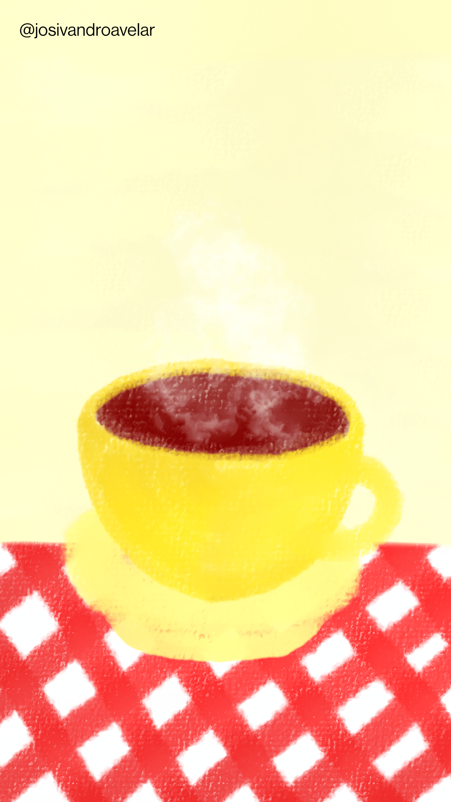 Artes digitais: o café está na mesa! 1 O café está na mesa! E foi servido em uma xícara amarela, com uma mesa forrada numa toalha vermelha e branca. Atrás, uma parede bege.