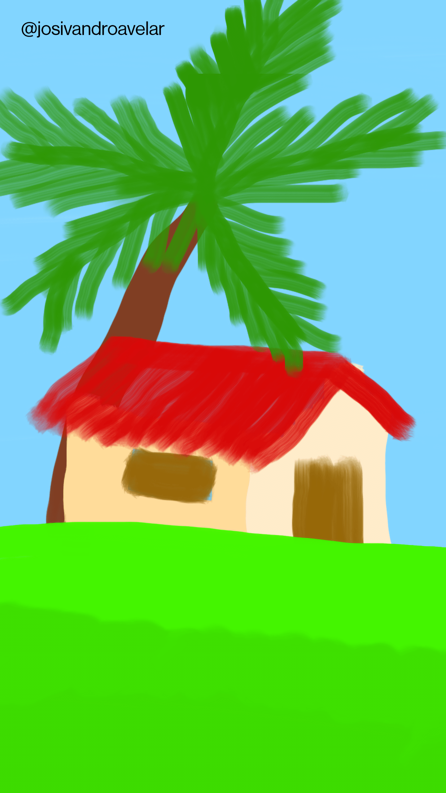 Artes digitais: cabana 1 Desenho de uma cabana em cima de um morro verde, tendo um coqueiro atrás, além do céu azul.