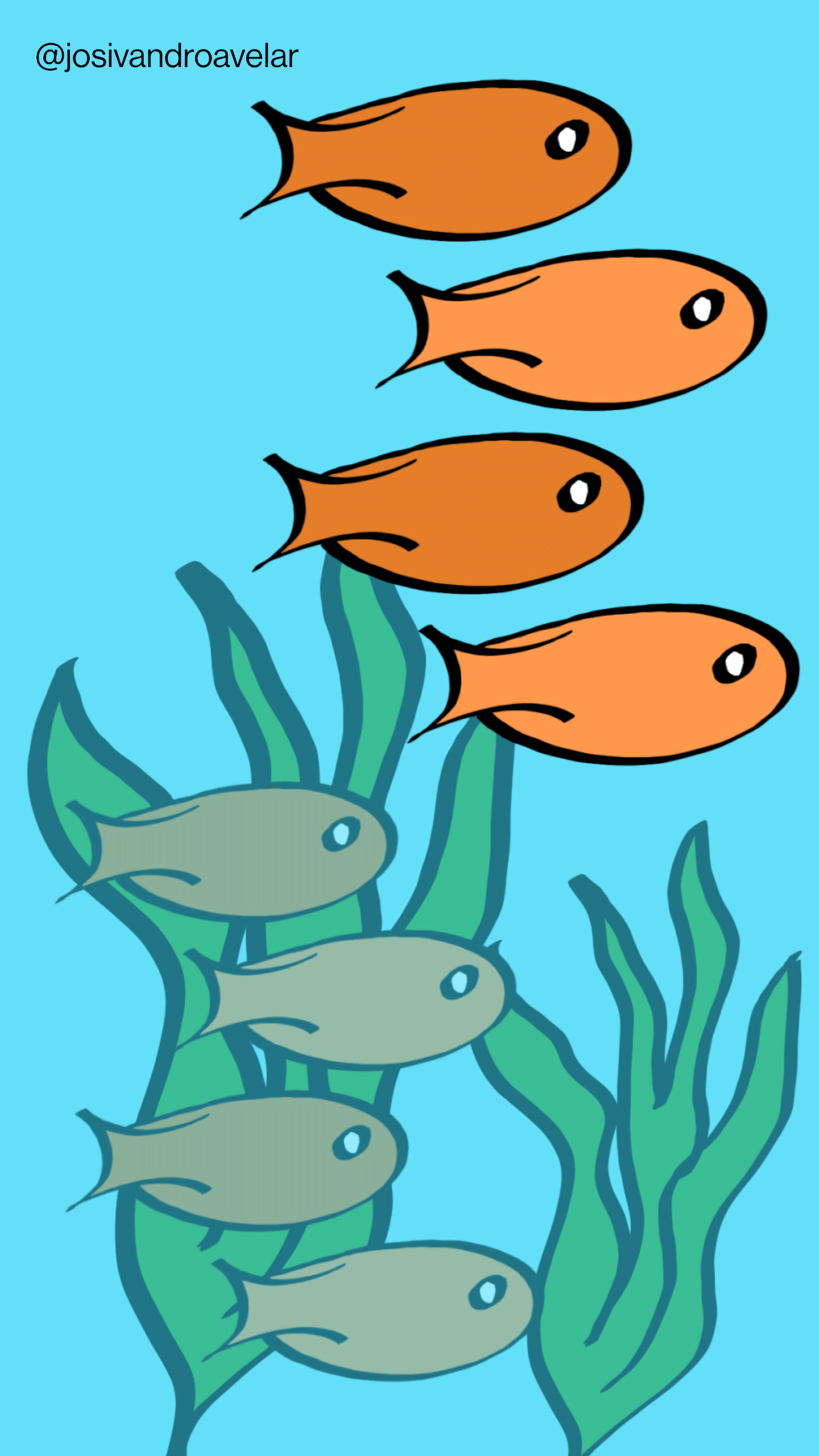 Artes digitais: peixes 1 Desenho de um cardume de peixes nadando no mar.